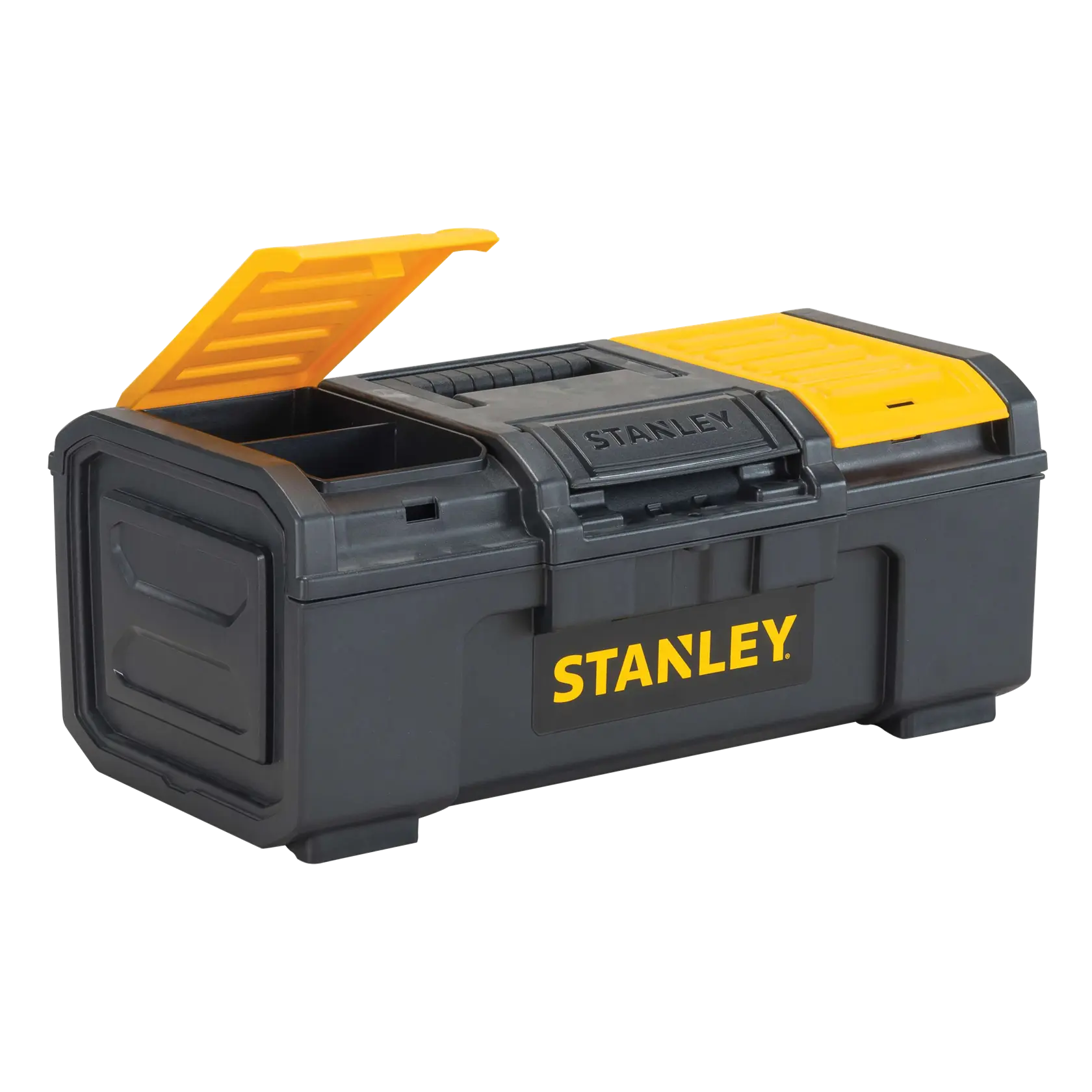 Caja de herramientas Stanley negra y amarilla vista frontal con tapa superior abierta sobre fondo blanco