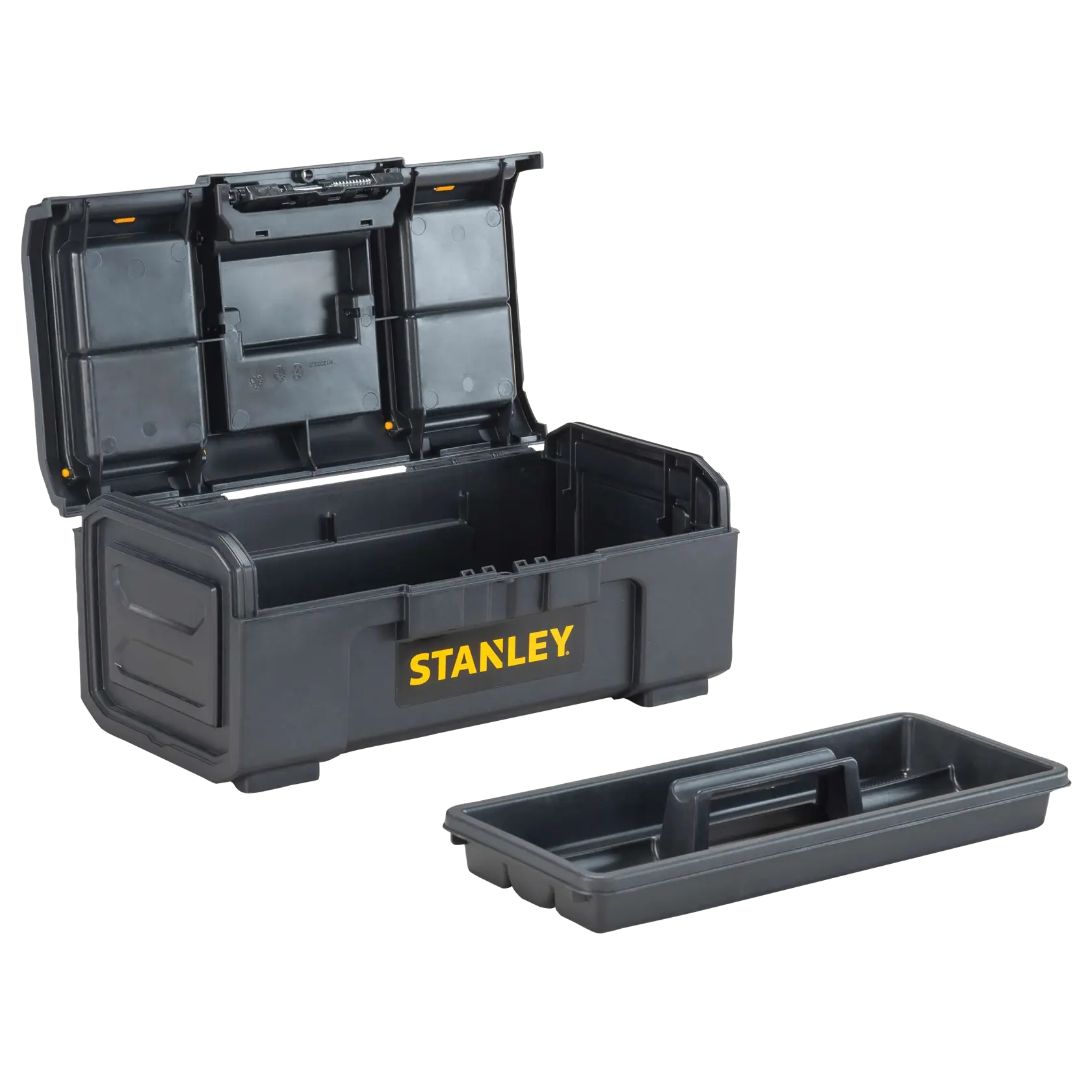 Ángulo frontal de caja de herramientas de plástico negro STANLEY con tapa abierta y bandeja extraíble sobre fondo blanco.