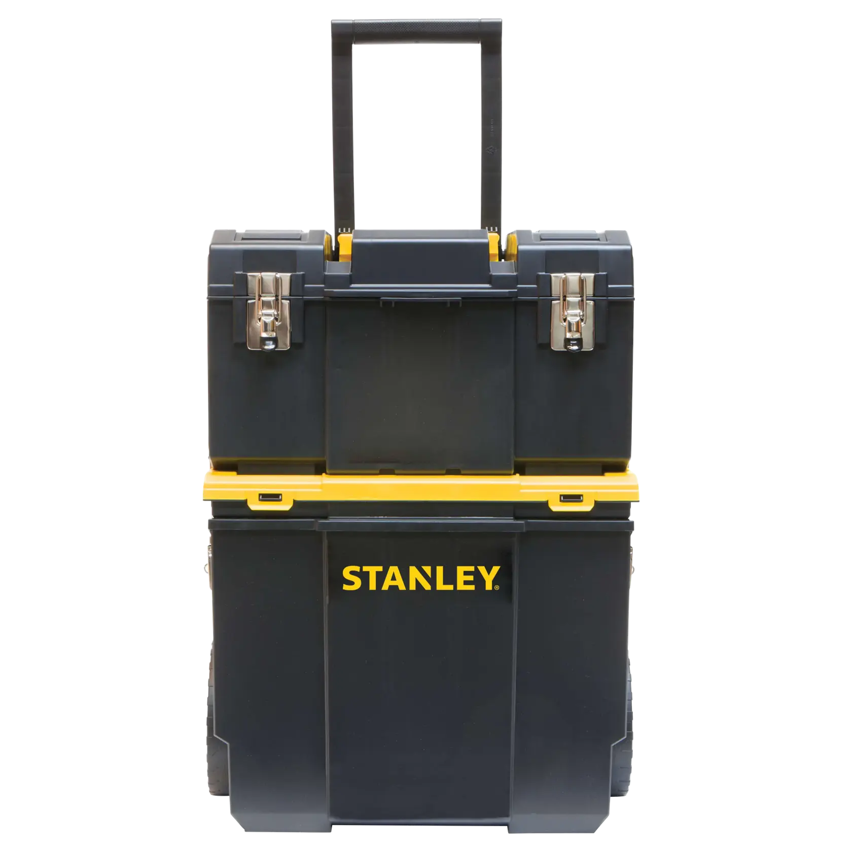 STANLEY STST18613 caja de herramientas rodante negra y amarilla con asa, fotografía frontal.