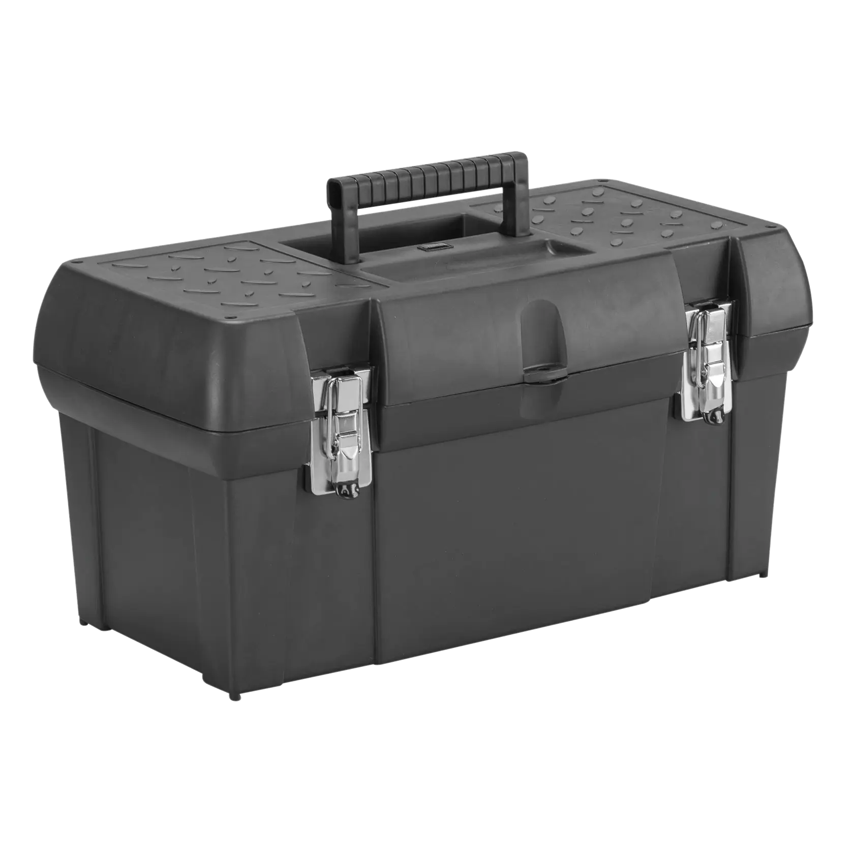 Caja de herramientas de plástico negro Stanley con cierres metálicos, asa superior, ángulo tres cuartos.