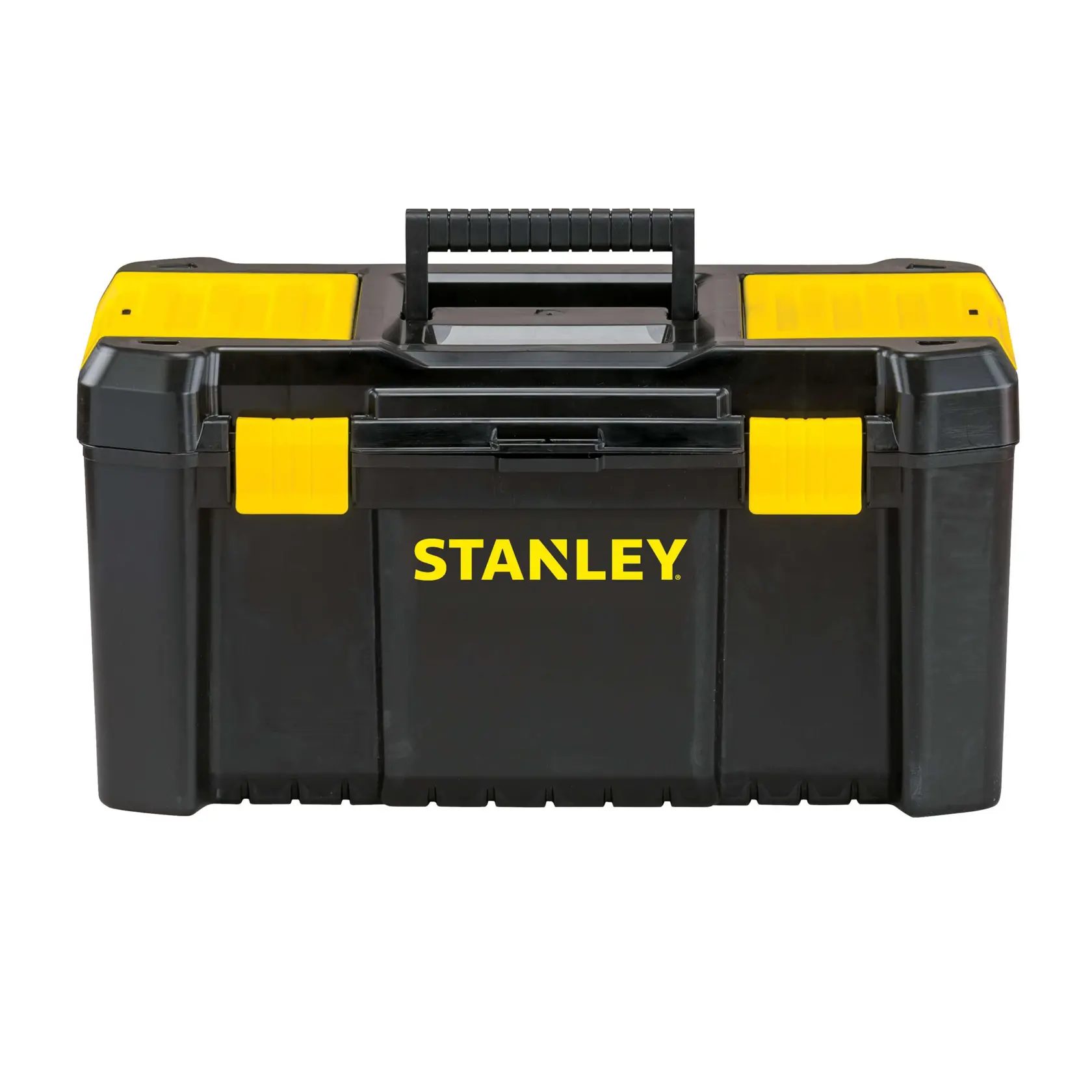 Vista frontal Stanley toolbox, cuerpo negro con detalles amarillos y asa, logo de la marca al frente