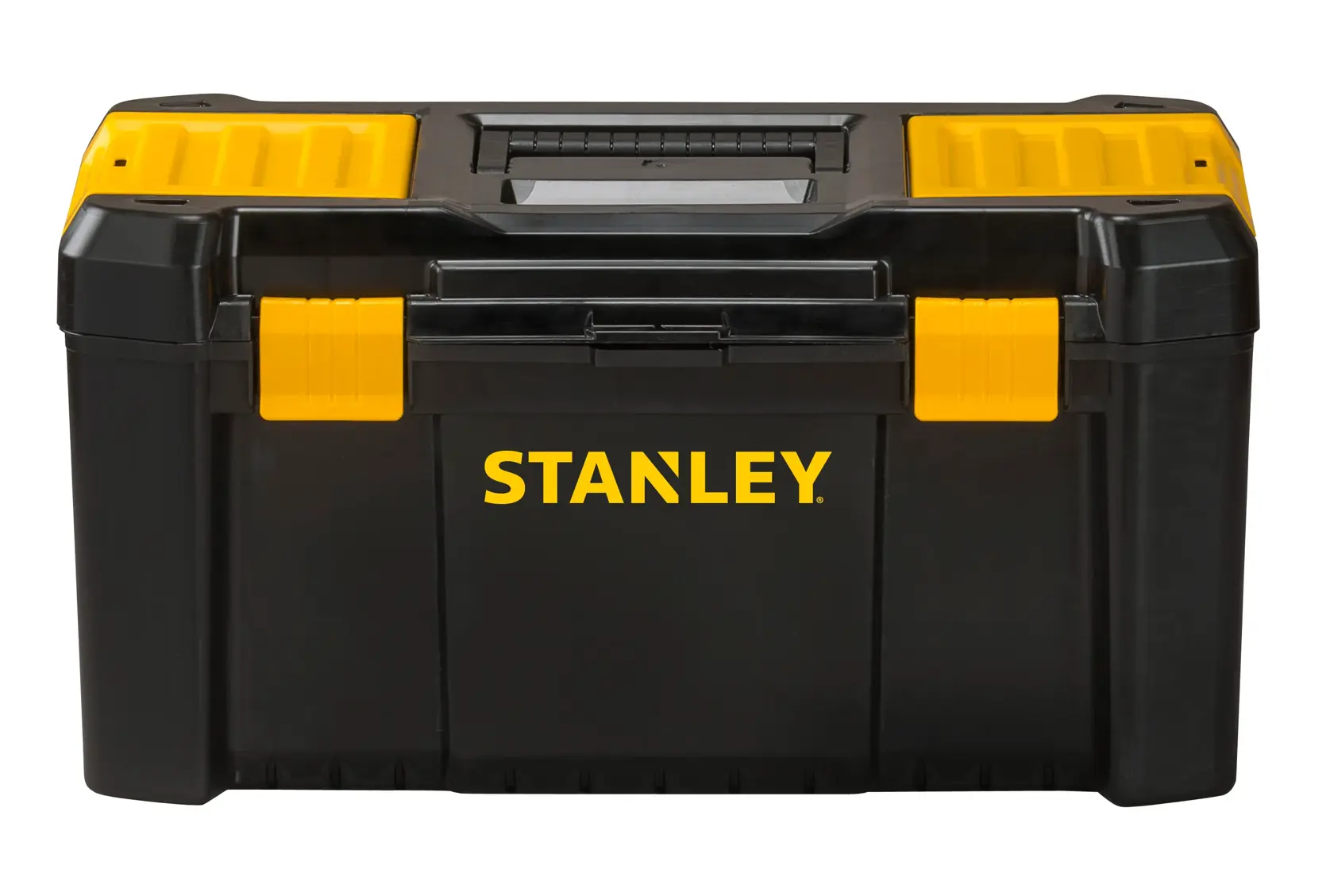 Vista frontal de la caja de herramientas de plástico negra y amarilla Stanley con asa central y cierres seguros sobre fondo blanco.