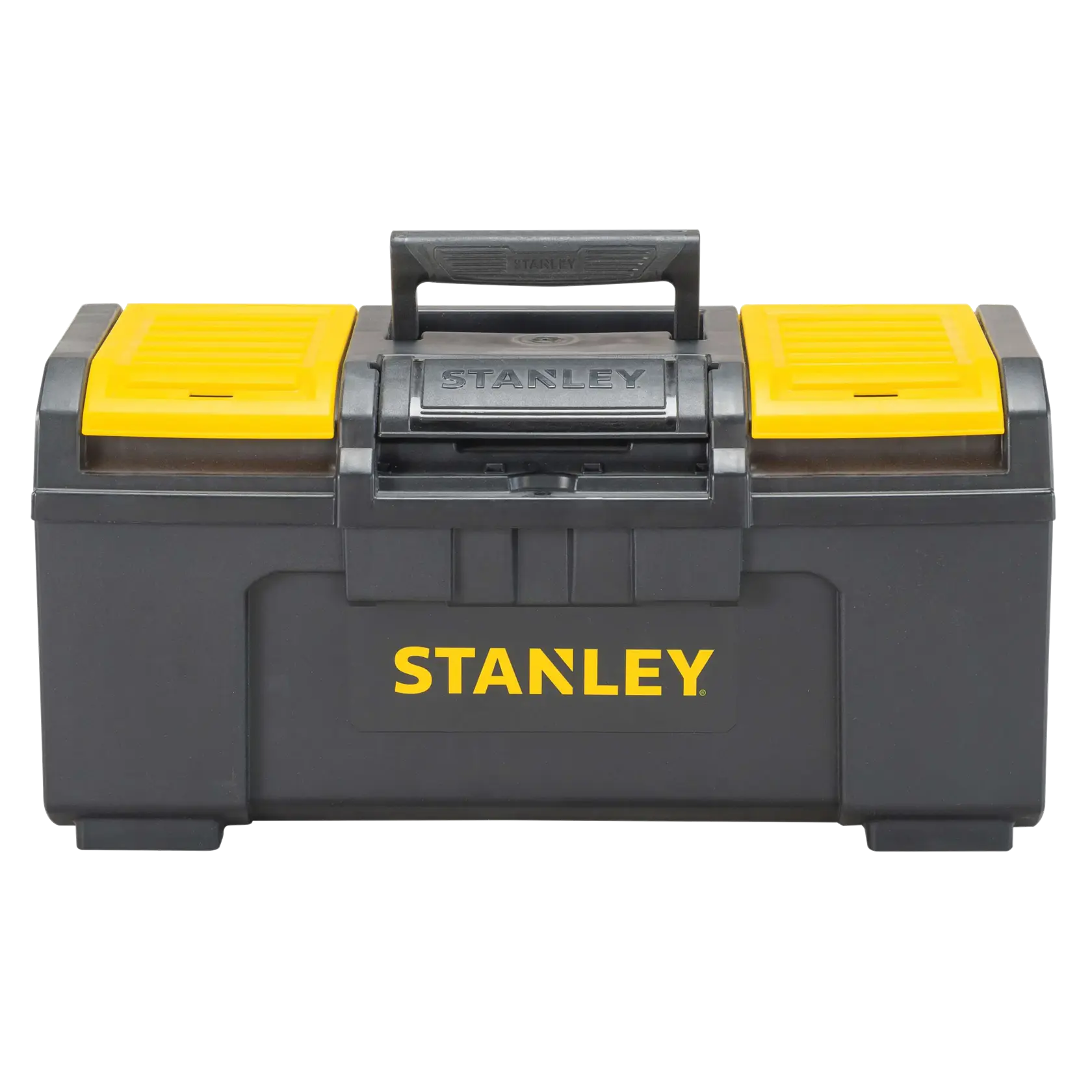 Ángulo frontal de caja de herramientas STANLEY negra con compartimientos amarillos y asa negra sobre fondo blanco