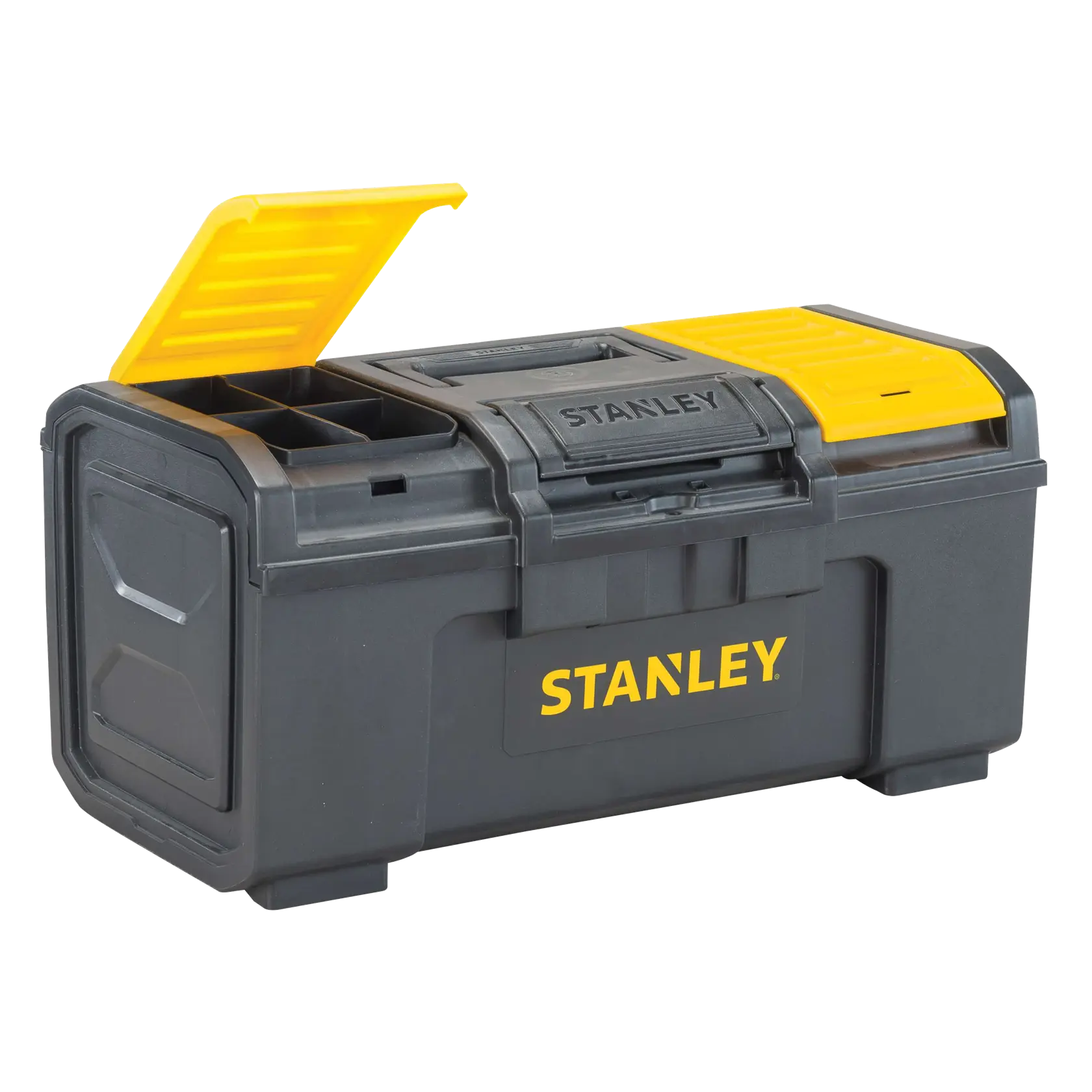 Caja de herramientas Stanley vista en ángulo, cuerpo negro con tapas amarillas, una tapa abierta mostrando compartimentos
