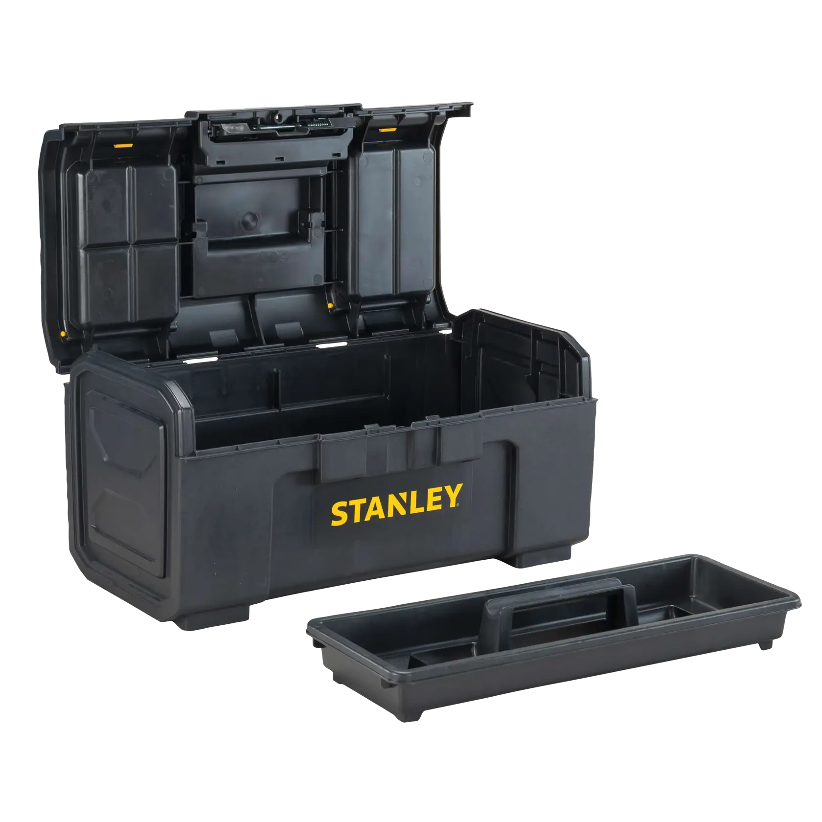 Caja de herramientas negra Stanley con tapa abierta, bandeja retirada y colocada al frente, ángulo frontal sobre fondo blanco