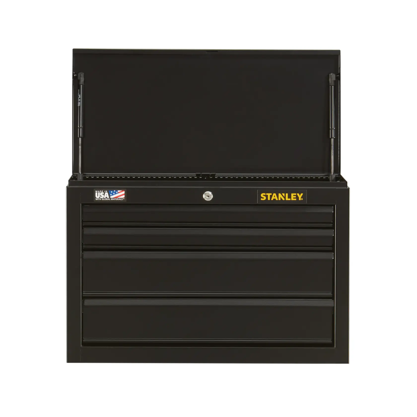 Cofre para herramientas Stanley de metal negro con tapa superior abierta, tres cajones y distintivo de bandera USA, ángulo frontal sobre fondo blanco.