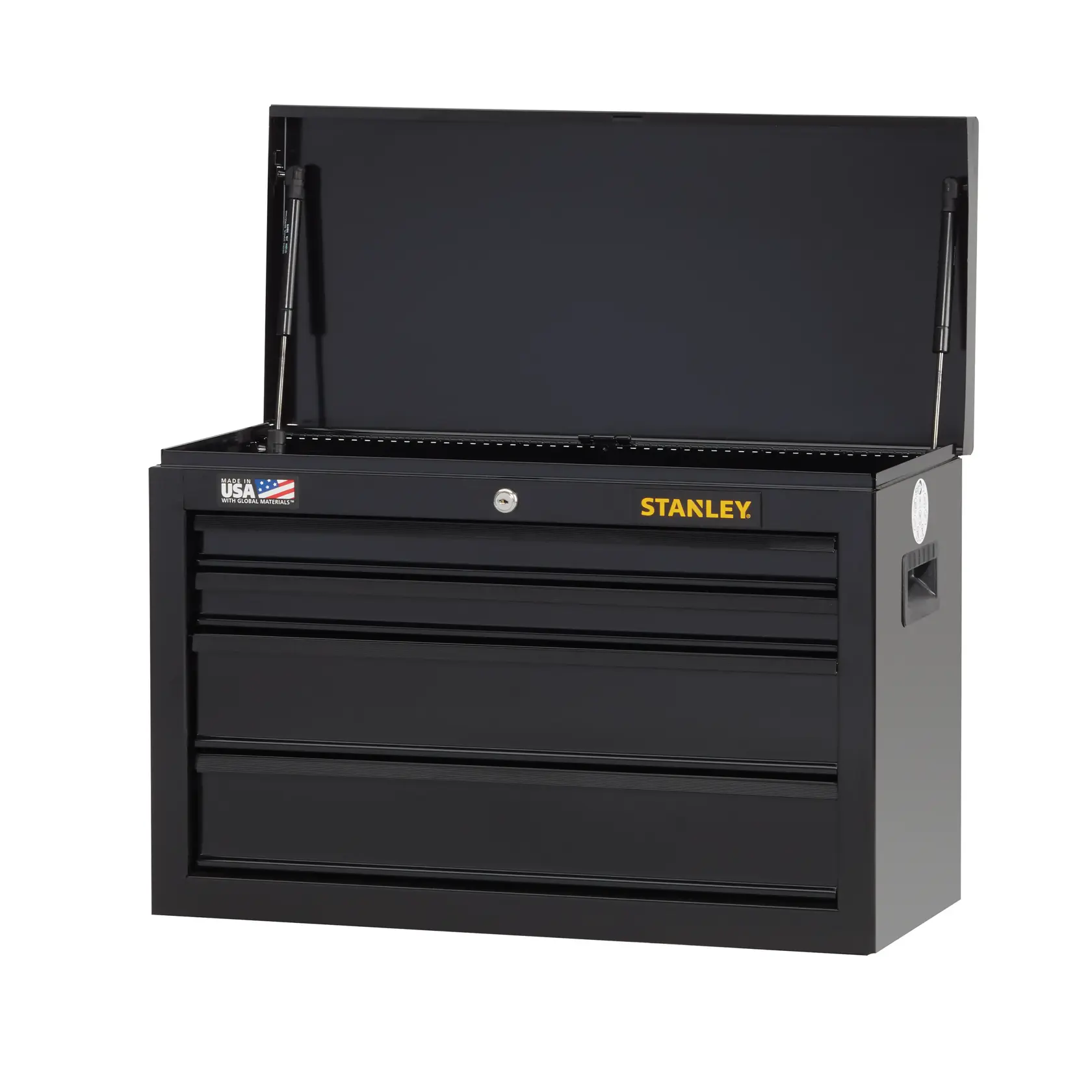 Stanley caja de herramientas de metal negro con tres cajones y tapa abierta, ángulo frontal, fondo blanco