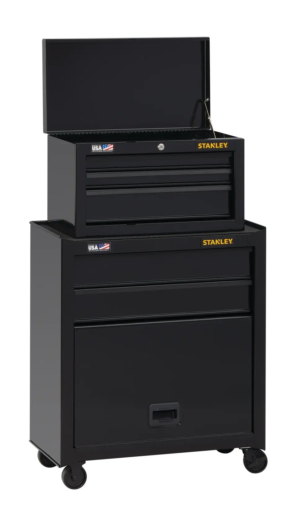 Caja de herramientas rodante Stanley de acero negro con tres cajones superiores, dos cajones inferiores y parte superior abierta, ángulo frontal.