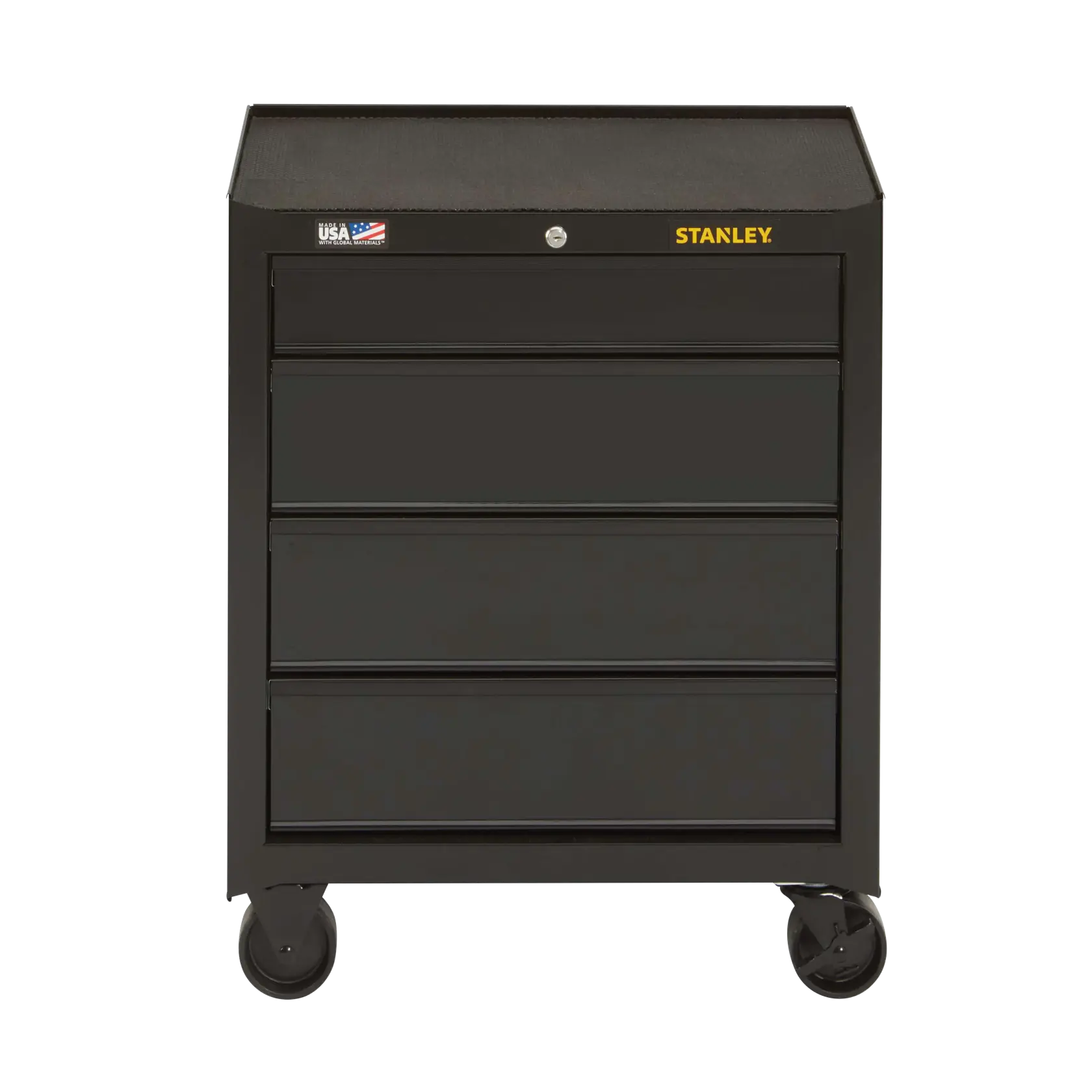 Stanley baúl de herramientas negro con ruedas y cuatro cajones, vista frontal, fondo blanco