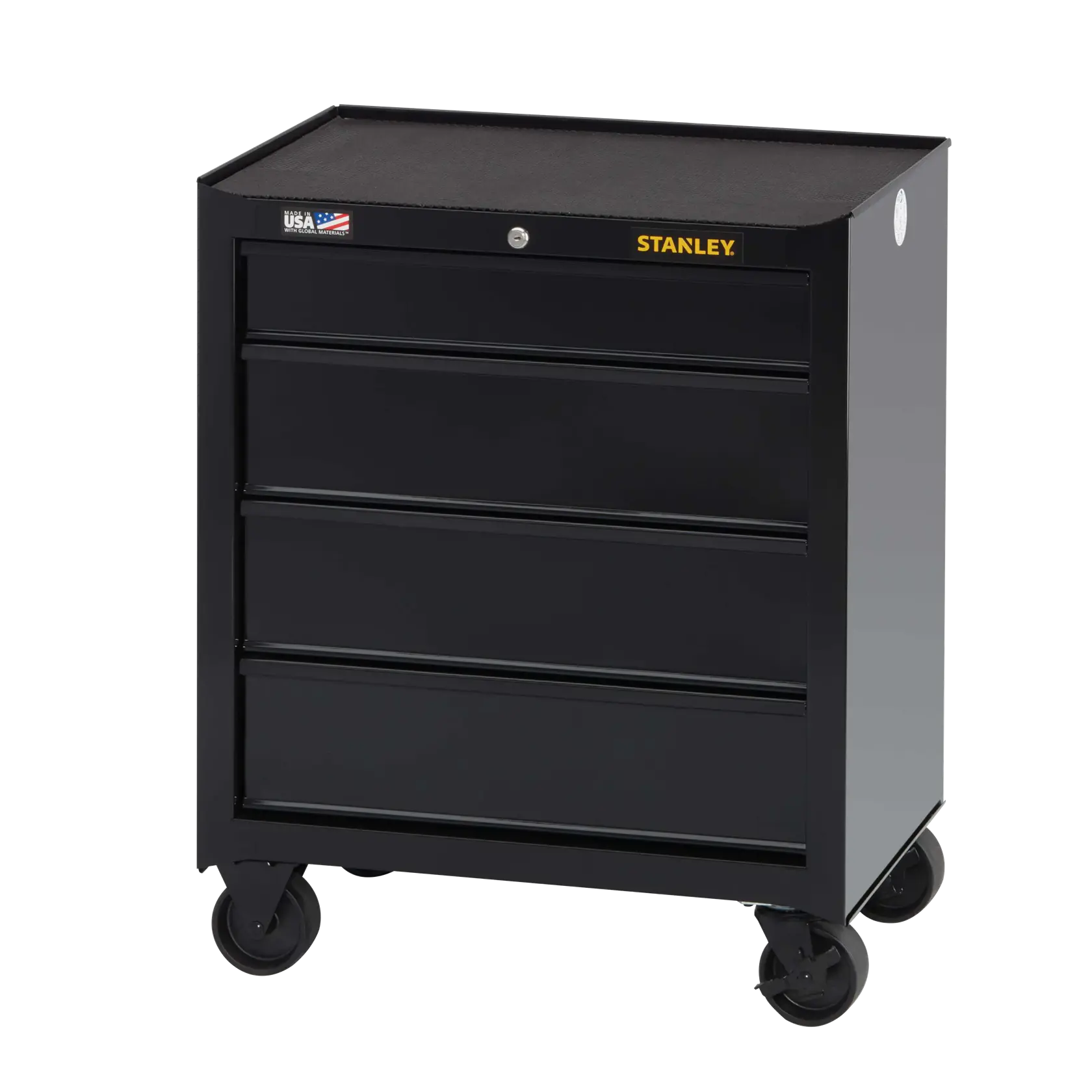 Stanley caja de herramientas de metal negro con cuatro cajones y ruedas giratorias, ángulo frontal sobre fondo blanco
