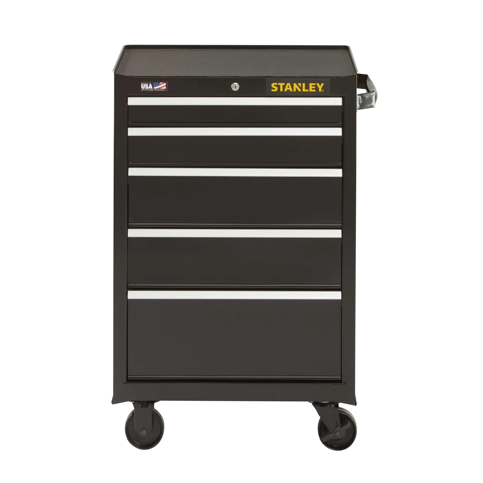 Stanley caja de herramientas negra con ruedas, cinco cajones, ángulo frontal, asas metálicas, fondo blanco