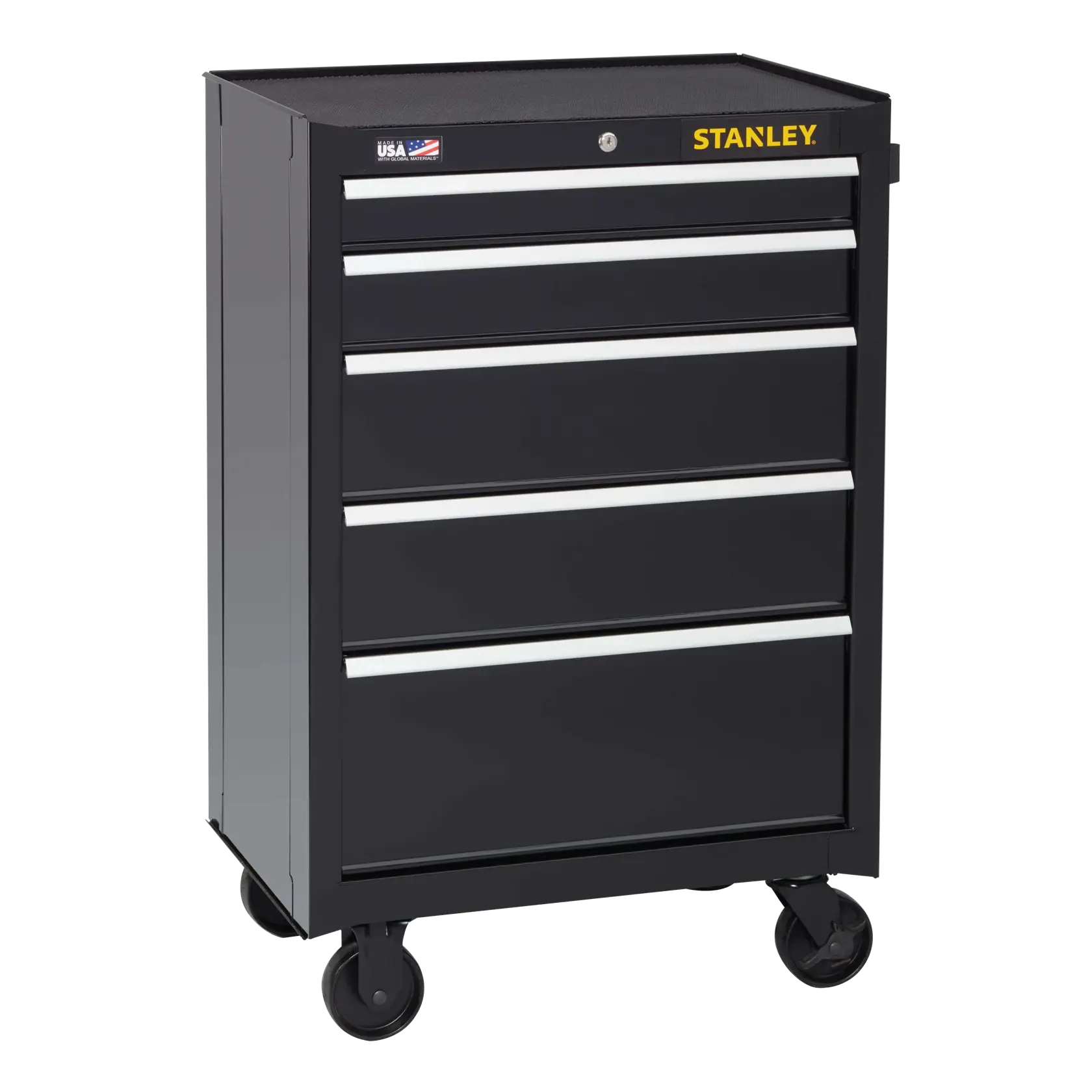 Stanley caja de herramientas negra con ruedas y cinco cajones, vista frontal en ángulo, fondo blanco