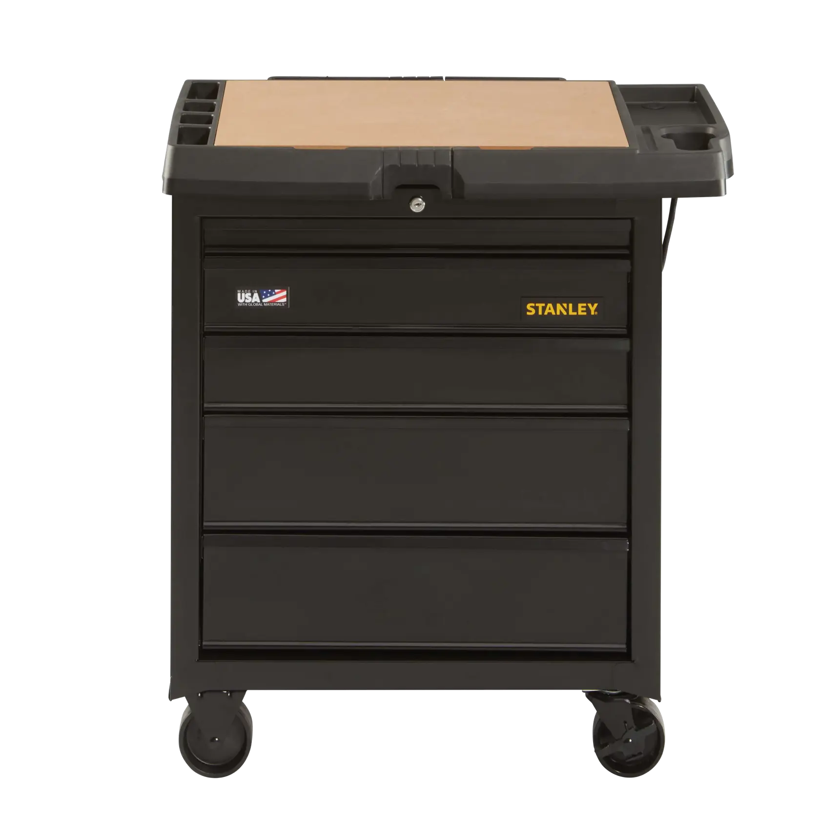 Stanley gabinete de herramientas negro con ruedas, cuatro cajones, superficie de madera y cerradura, vista frontal sobre fondo blanco