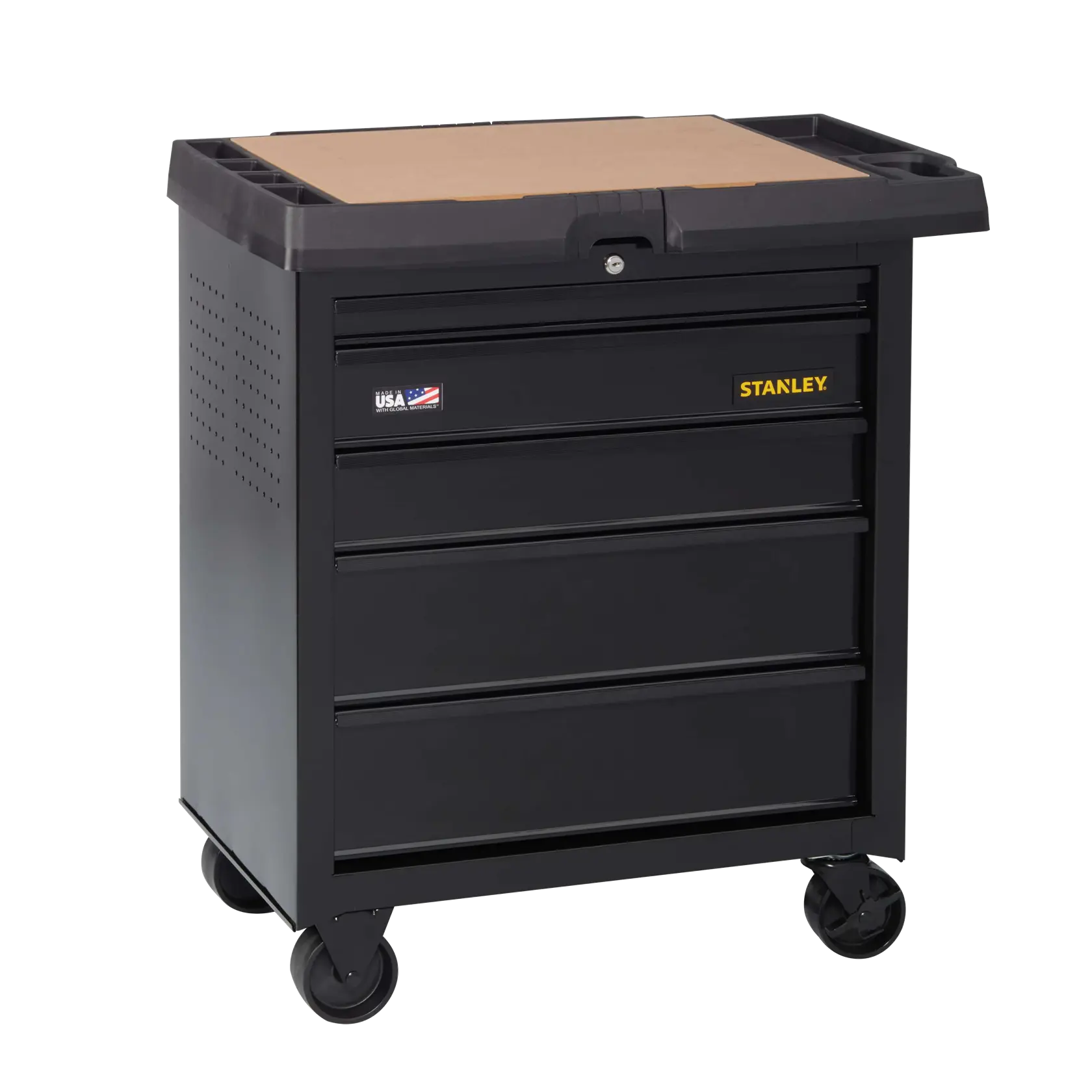 Stanley gabinete de herramientas rodante negro con cuatro cajones, bandeja superior y cerradura, ángulo frontal sobre fondo blanco.