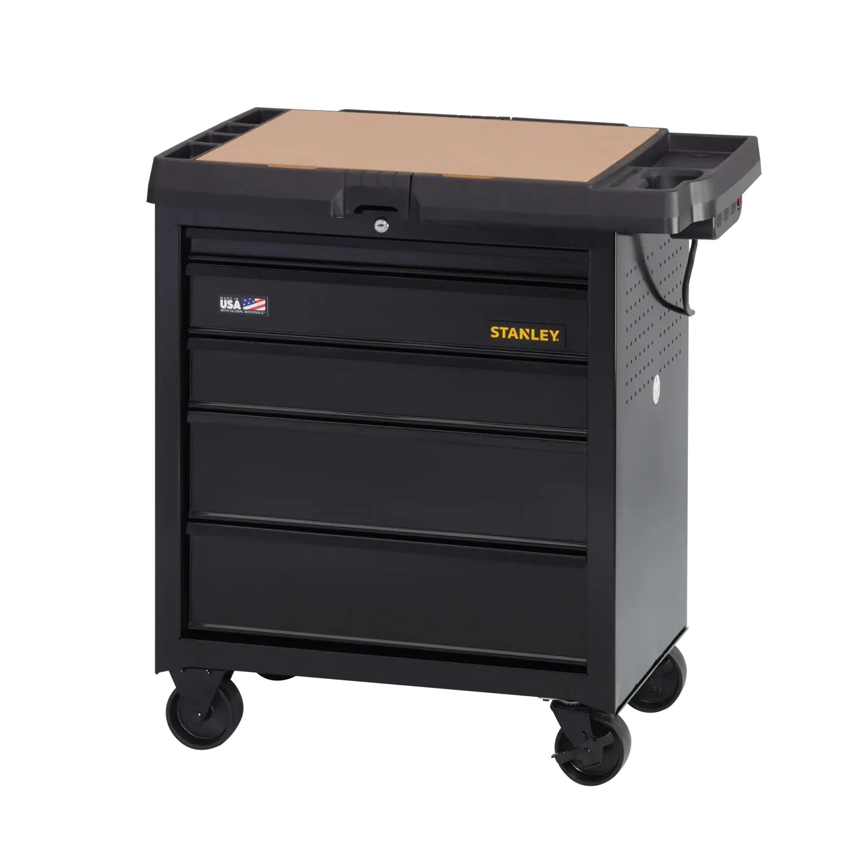 STANLEY carro de herramientas negro con cuatro cajones, superficie de madera, asa lateral y ruedas giratorias, ángulo frontal.