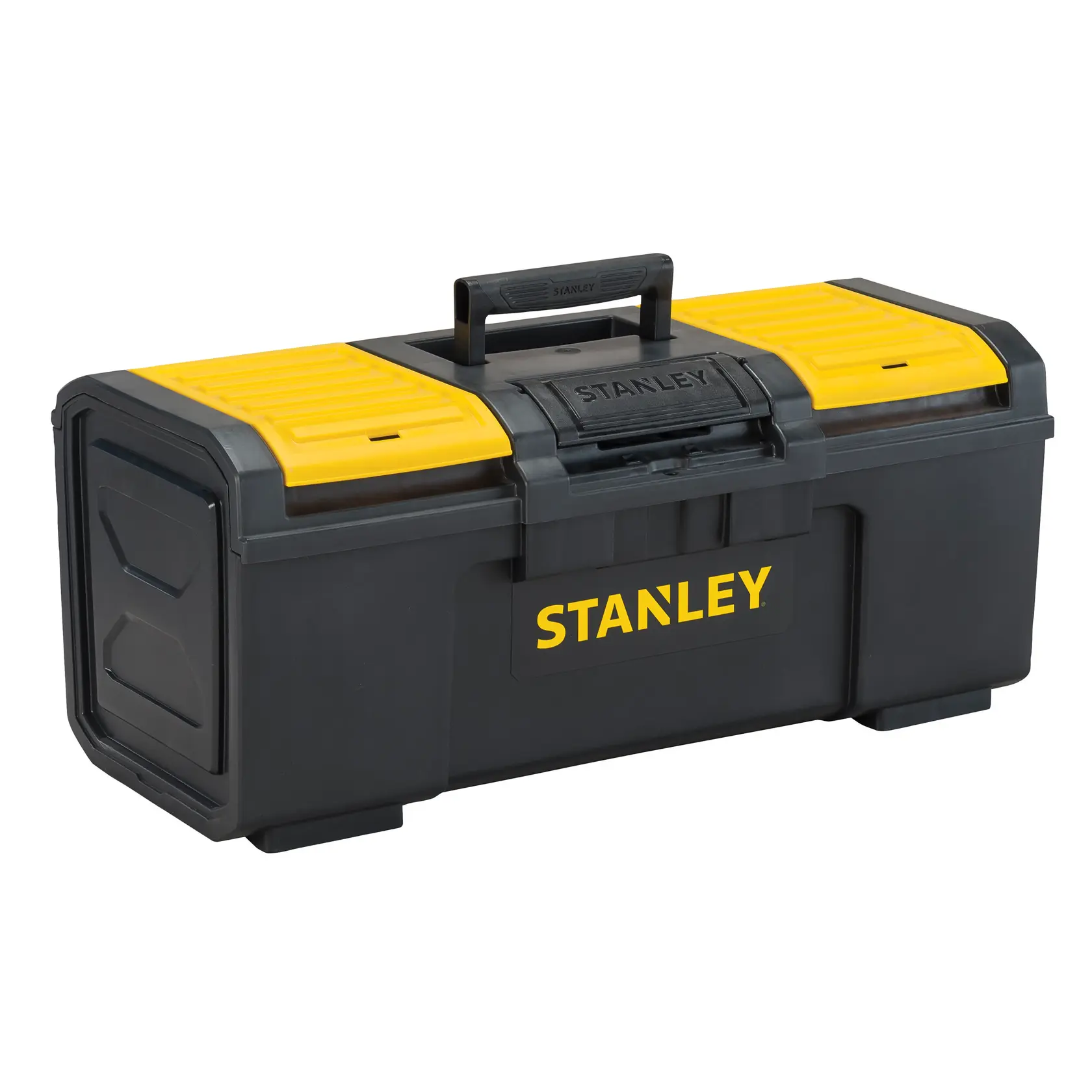 Caja de herramientas Stanley negra y amarilla vista frontal en ángulo sobre fondo blanco