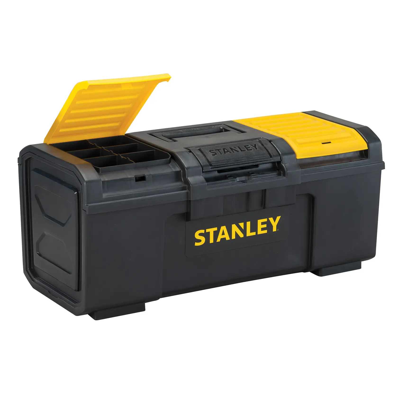 Caja de herramientas Stanley ángulo frontal, negro y amarillo, compartimento abierto en la tapa, fondo blanco