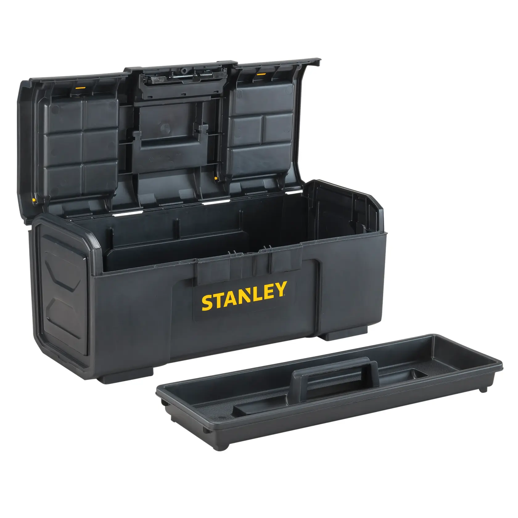 Ángulo frontal de caja de herramientas STANLEY negra de plástico con tapa abierta y bandeja extraíble