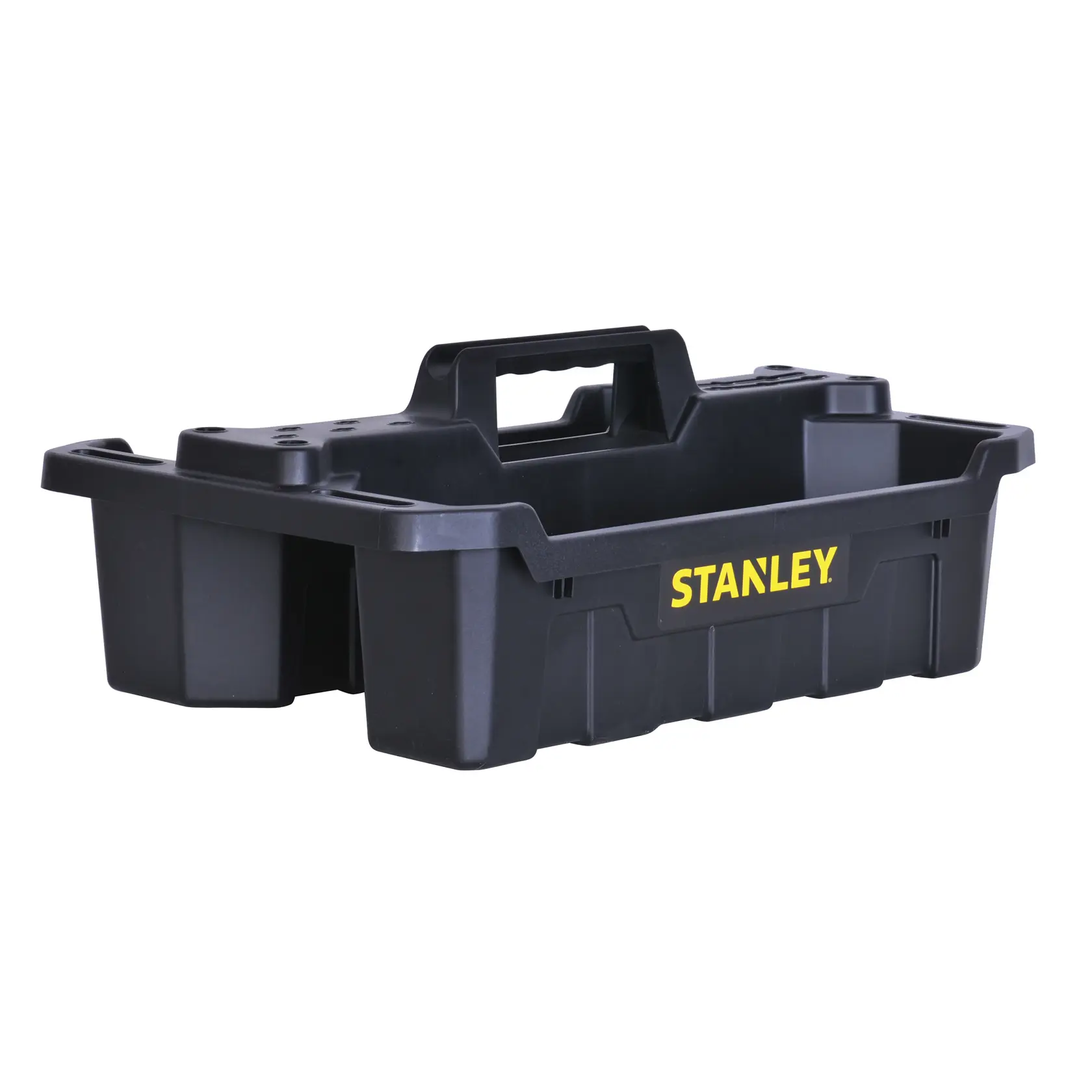 Caddy para herramientas de plástico negro Stanley con logo amarillo, vista superior sobre fondo blanco