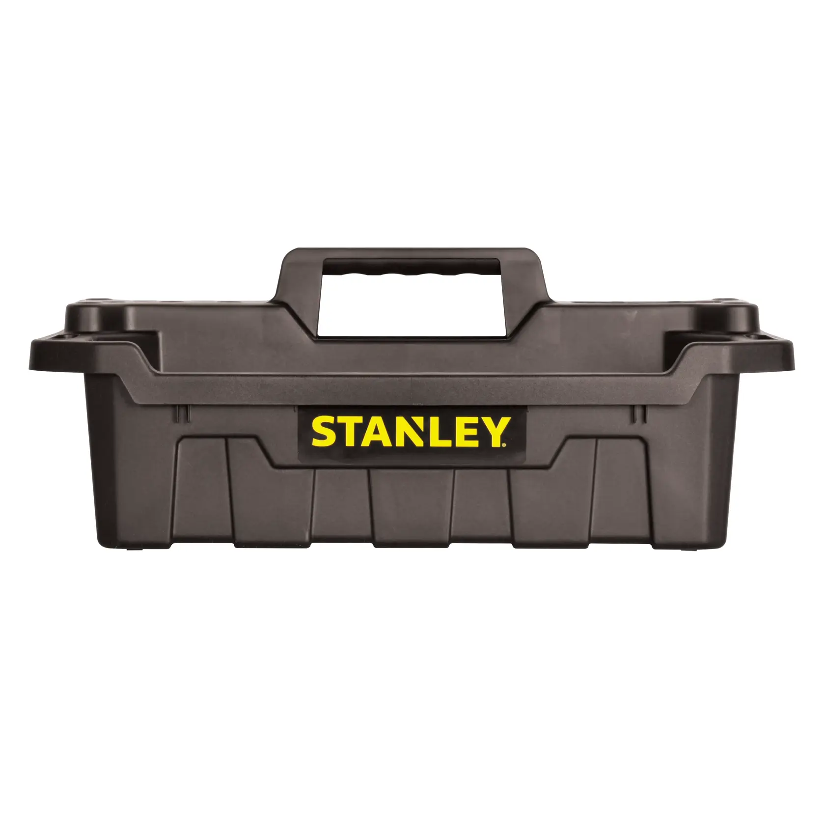 Caja de herramientas Stanley de plástico negro, ángulo frontal, logotipo amarillo, asa resistente y laterales acanalados.