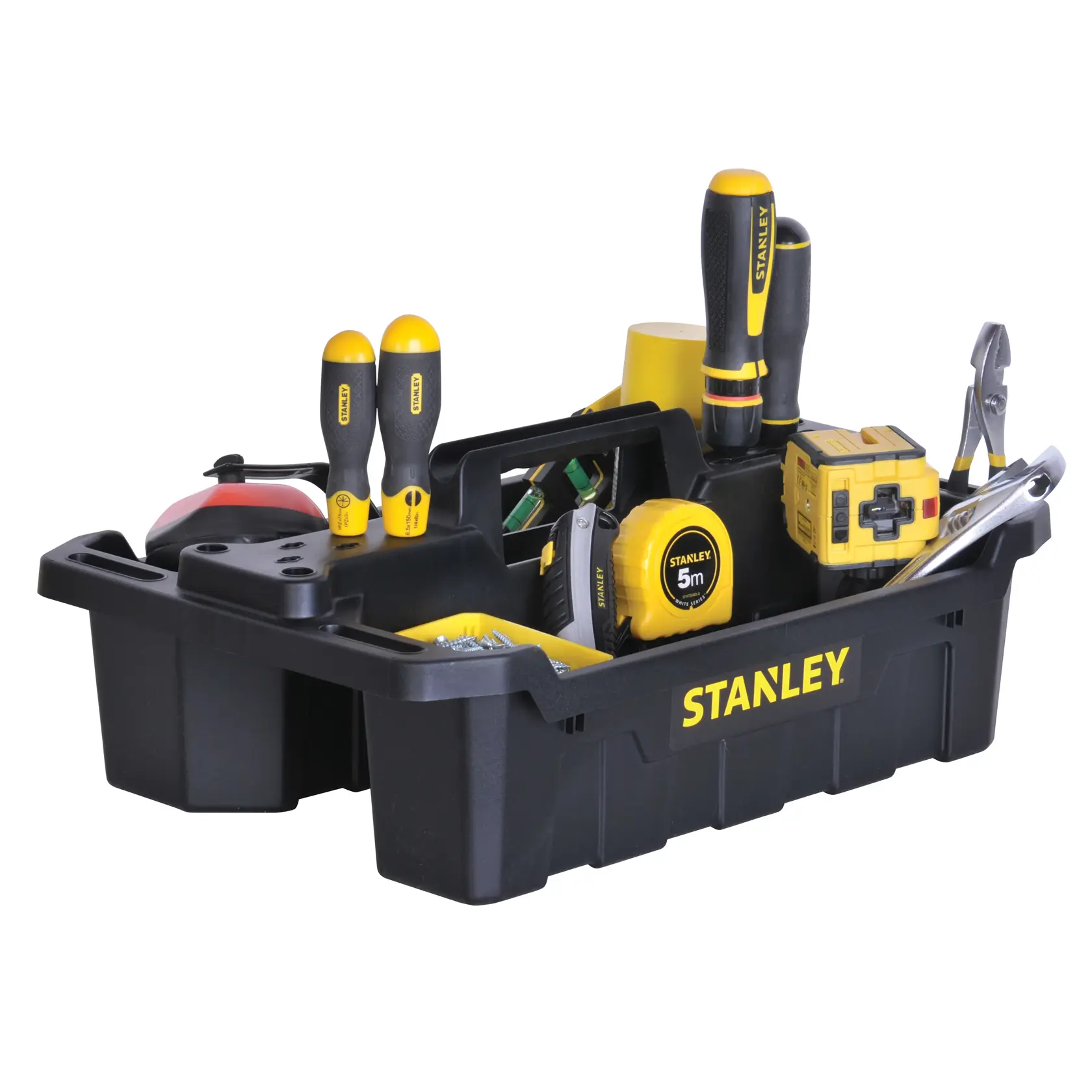 Fotografía de la bandeja organizadora de herramientas STANLEY STST41001 negra con herramientas variadas, ángulo frontal.