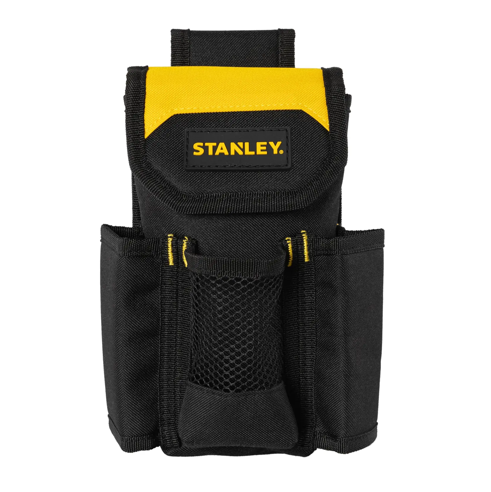 STANLEY STST509104LA bolsa de herramientas negra y amarilla con bolsillo de malla, llaves y alicates, vista frontal.