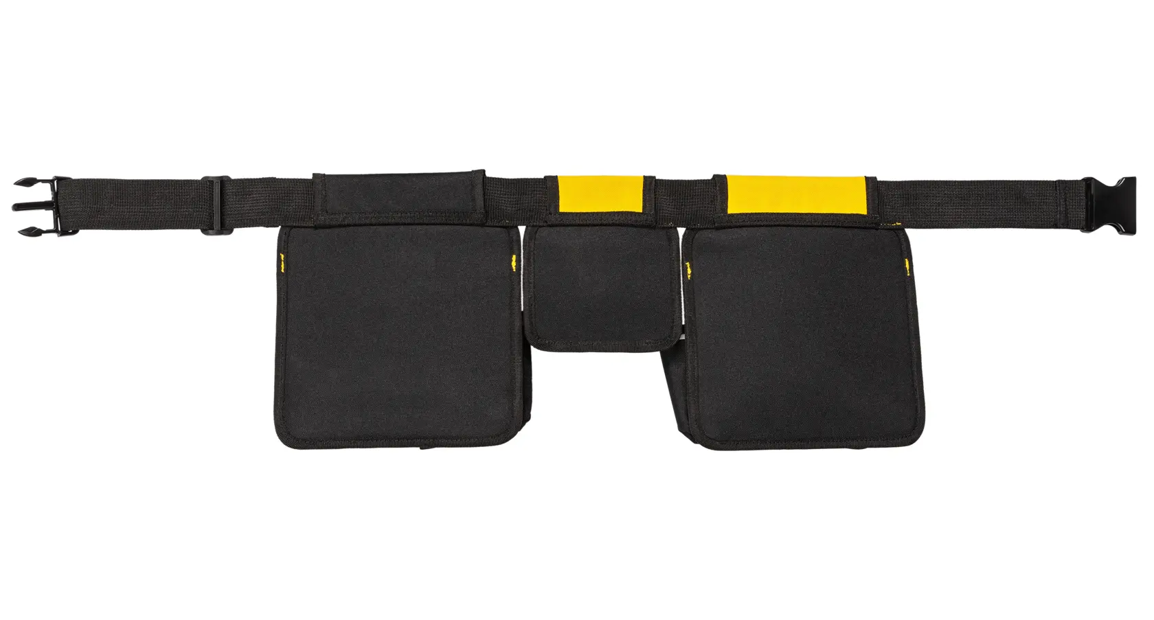 Cinturón negro Stanley con tres bolsillos y detalles amarillos, diseñado para llevar accesorios fotográficos.