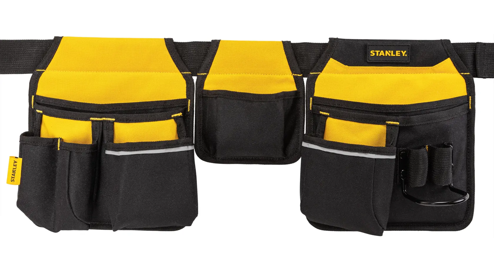 Cinturón de herramientas Stanley negro y amarillo con varios bolsillos para organizar herramientas.