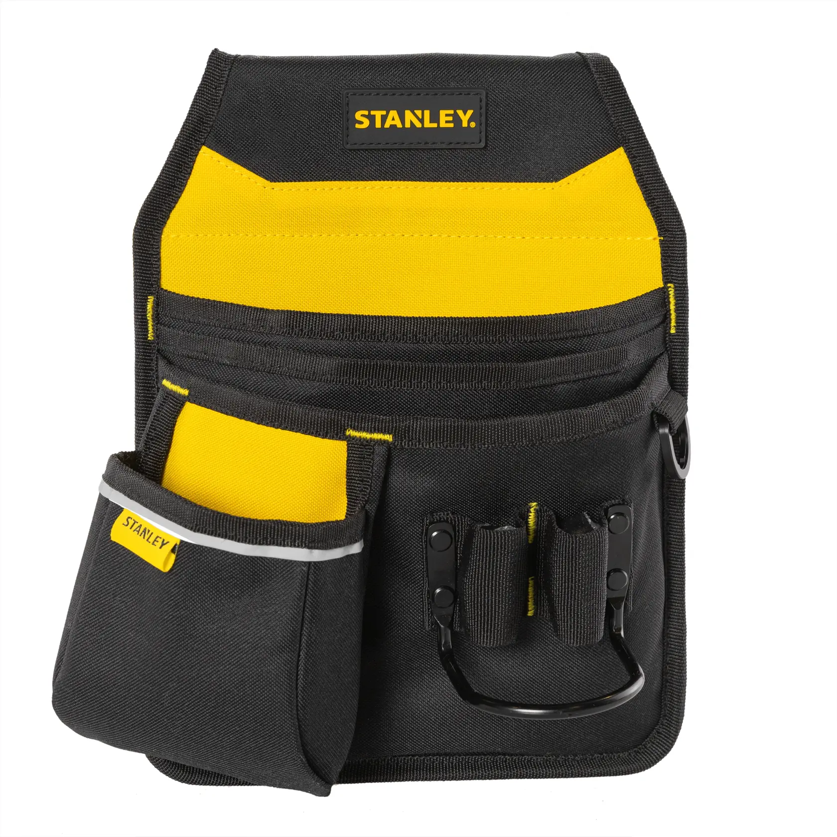 Bolsa de herramientas Stanley STST511324LA vista frontal, negra con detalles amarillos, llena de herramientas y martillo.