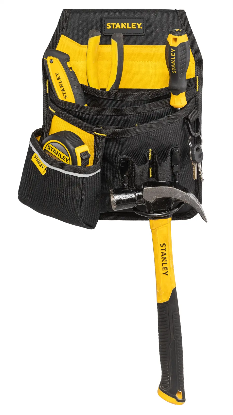 Cinturón Stanley con bolsillos, martillo, cinta métrica, destornillador y alicates. Diseño negro y amarillo.