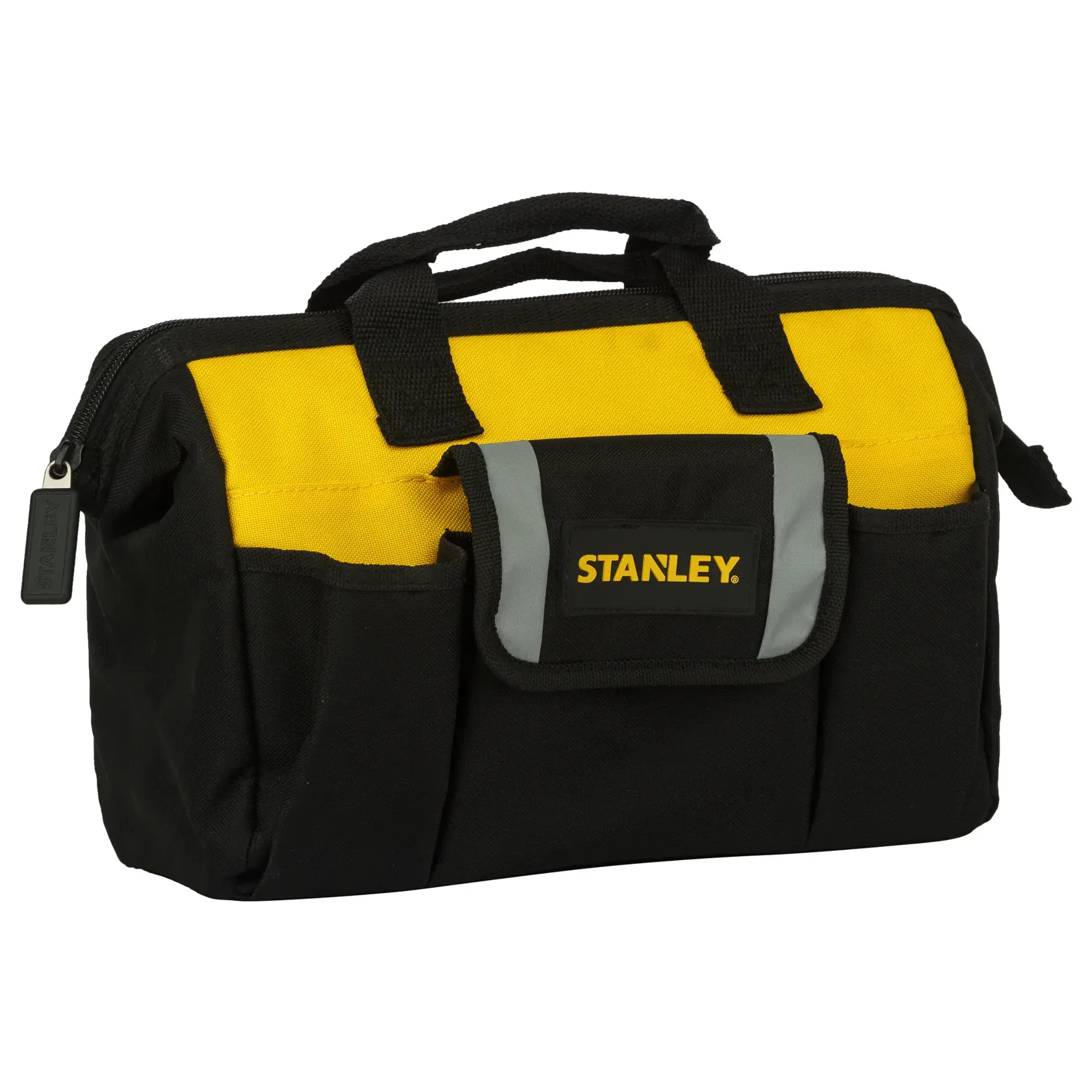 Bolsa de herramientas Stanley negra y amarilla con asas, bolsillo frontal y cremallera, diseñada para transportar