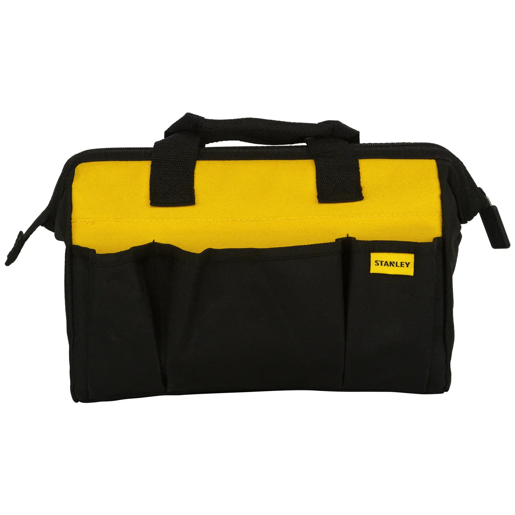 Bolsa de herramientas Stanley negra y amarilla con asas y bolsillos exteriores para organizar herramientas.
