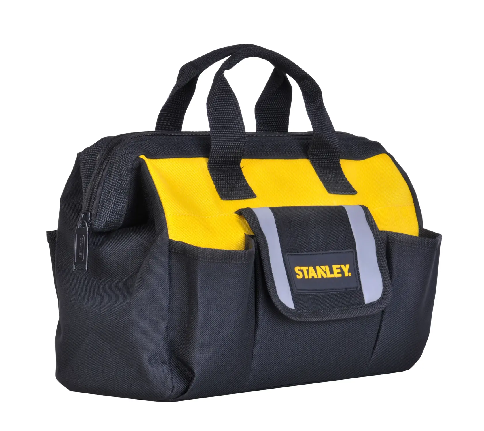 Bolsa de herramientas STANLEY STST512114, tela negra y amarilla, ángulo frontal, cierre superior, bolsillo delantero con logo.