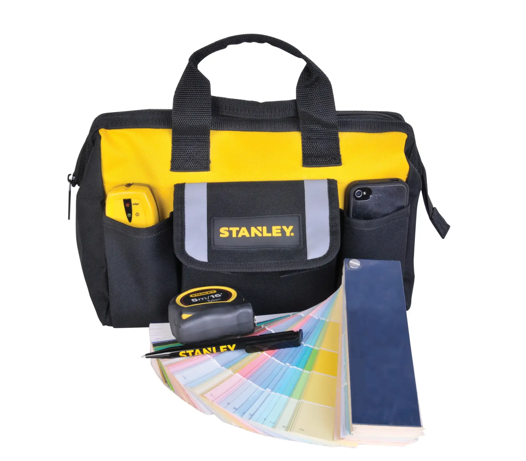 Bolsa de herramientas STANLEY STST512114 amarilla y negra con asas, cinta métrica, marcador y muestrario de colores, ángulo frontal.