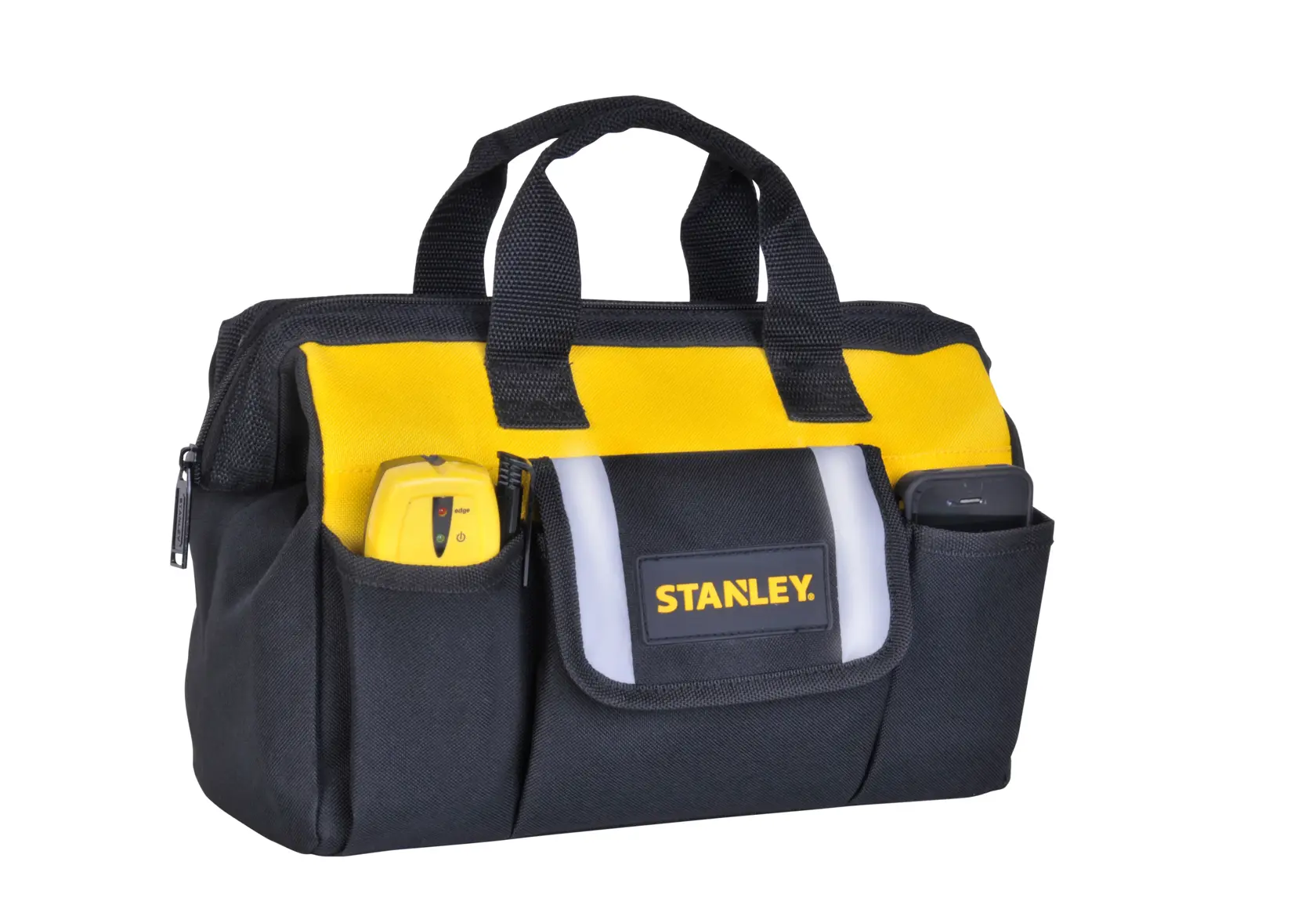 Bolsa para herramientas STANLEY STST512114, tela negra y amarilla, vista frontal, con bolsillos exteriores y dos asas.