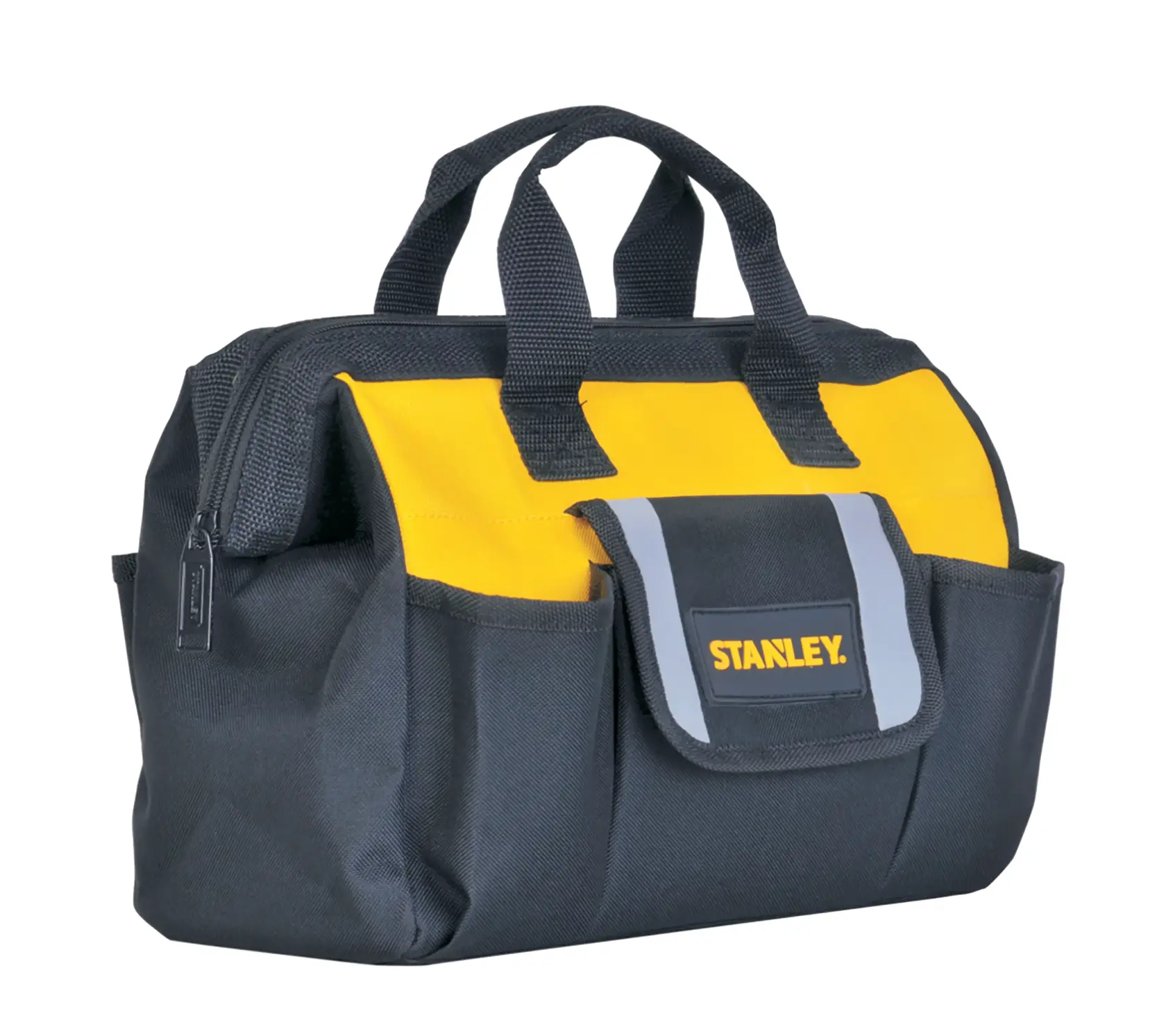 STANLEY STST512114 bolsa de herramientas, negra y amarilla, vista frontal, con asas y bolsillo exterior.