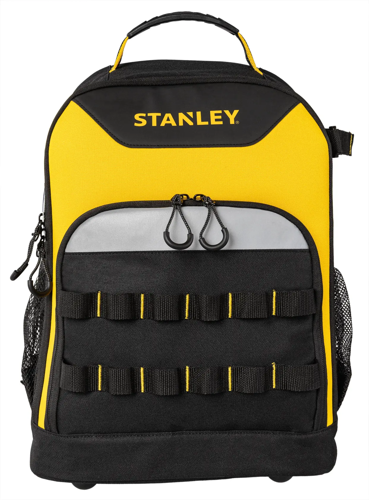 Mochila Stanley amarilla y negra con bolsillos frontales y cintas para organizar accesorios.