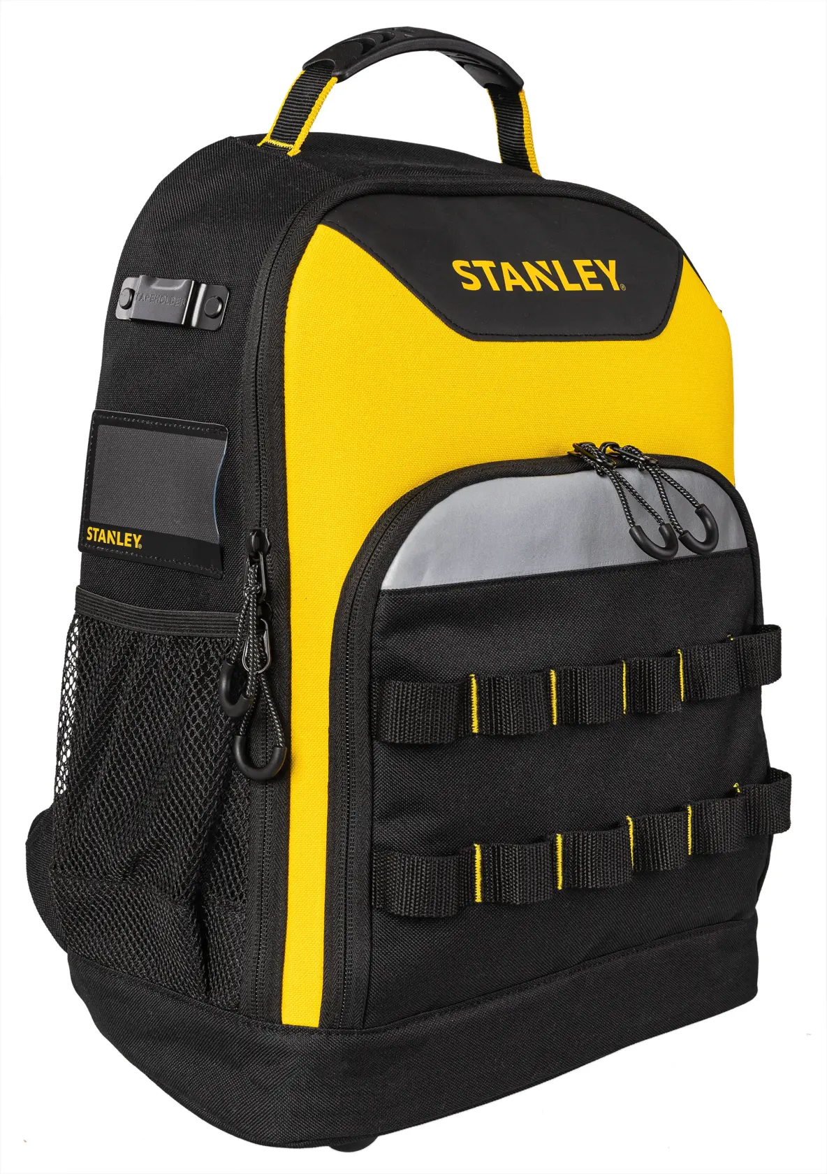 Mochila Stanley negra y amarilla con bolsillo frontal, lateral de malla y asa, para organizar herramientas fotográficas.