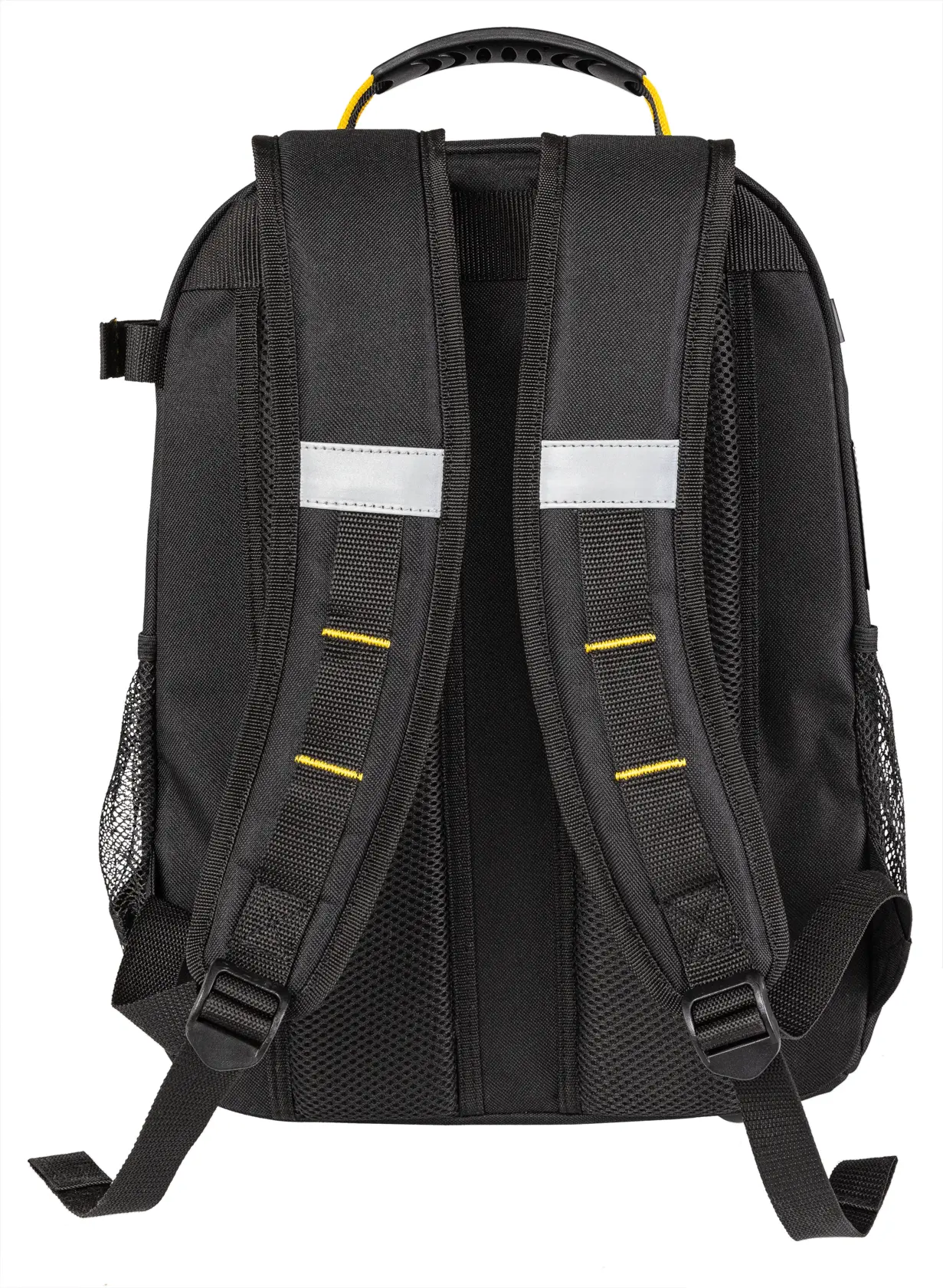 Vista trasera de mochila negra Stanley con tirantes acolchados, bolsillos de malla y detalles amarillos.