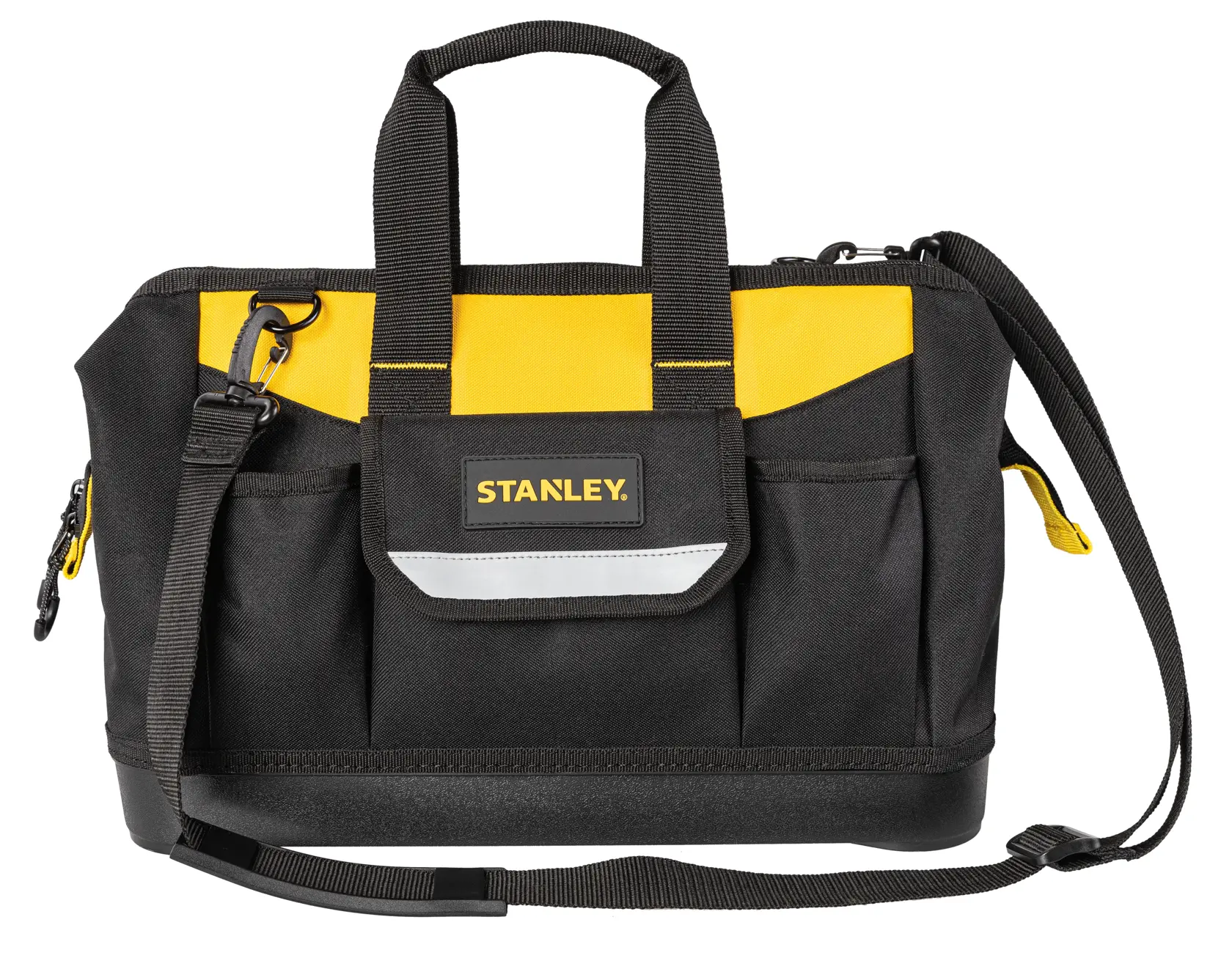 Bolsa de herramientas Stanley negra y amarilla con asas, correa y bolsillos exteriores.