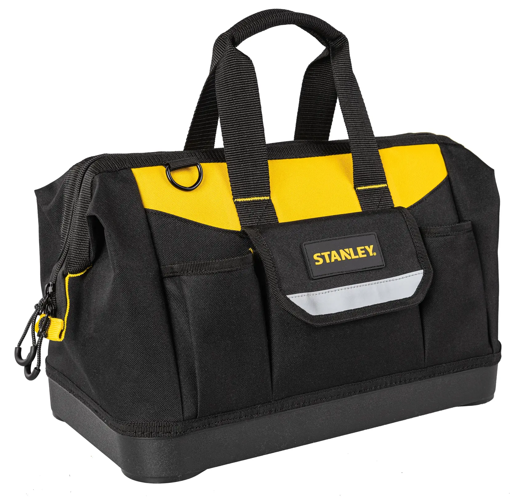 Bolsa de herramientas Stanley negra y amarilla con asas y bolsillos frontales para llevar equipos.