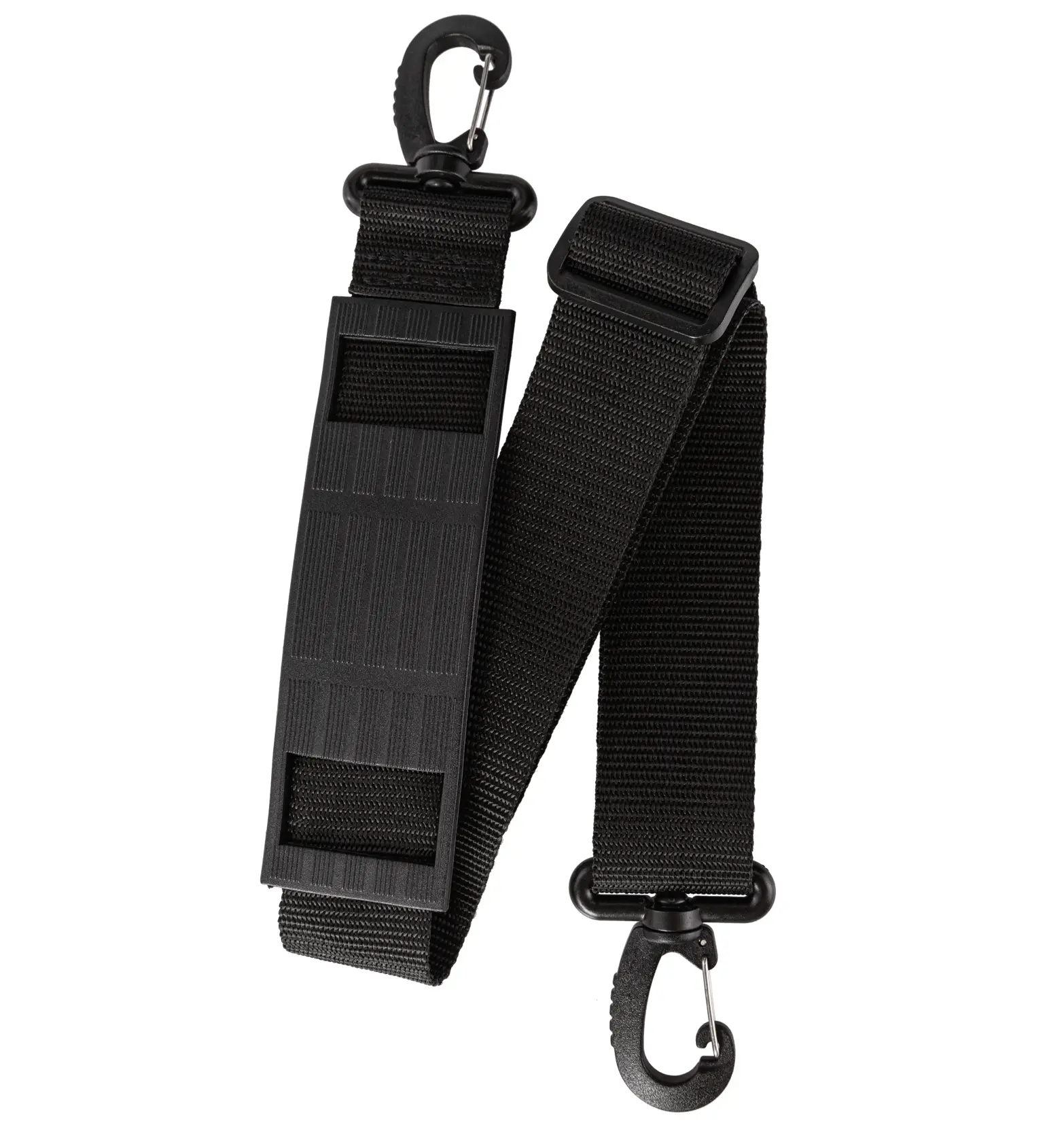 Correa de hombro negra ajustable con ganchos y acolchado, apta para transportar bolsas o estuches.