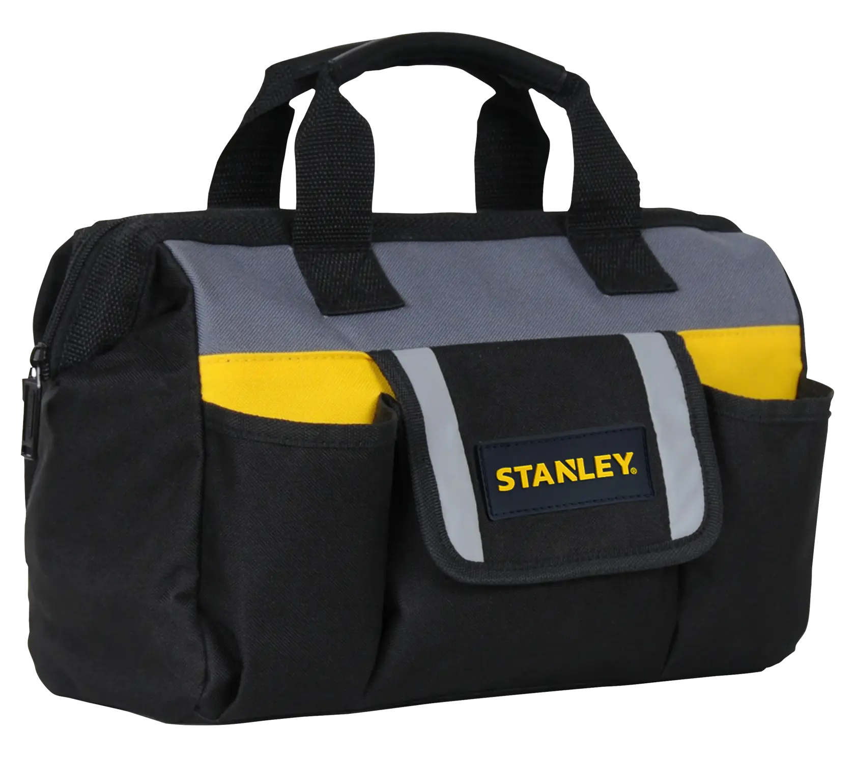Bolsa de herramientas STANLEY, vista frontal en ángulo, negra con detalles grises y amarillos, dos asas, bolsillos exteriores, fondo blanco