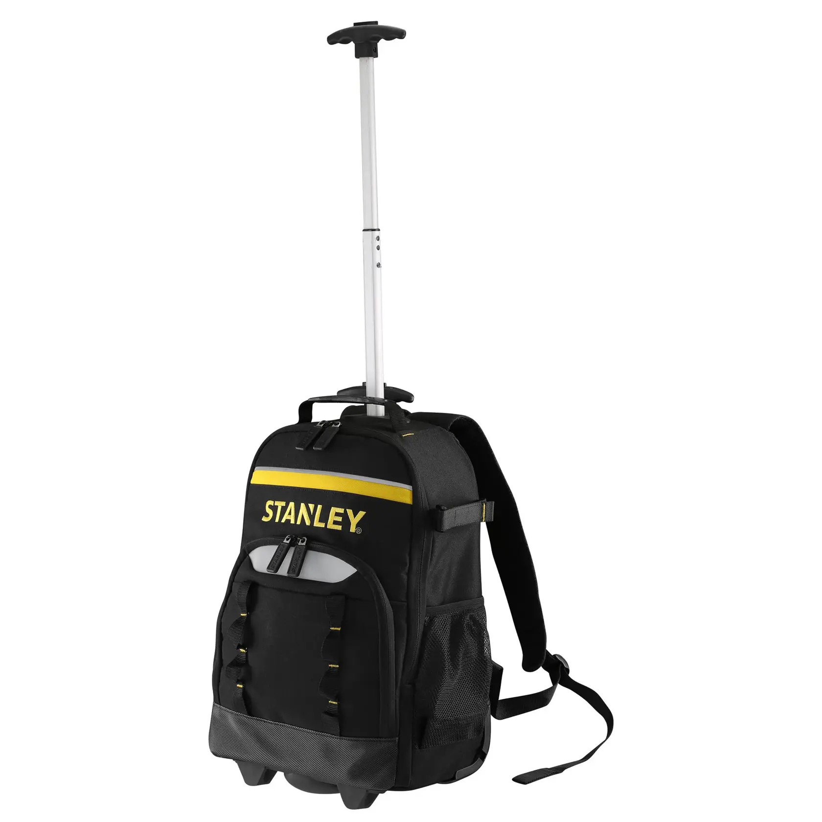 STANLEY STST83307-1 mochila negra con ruedas y mango telescópico, bolsillos frontal y lateral, ángulo de estudio.