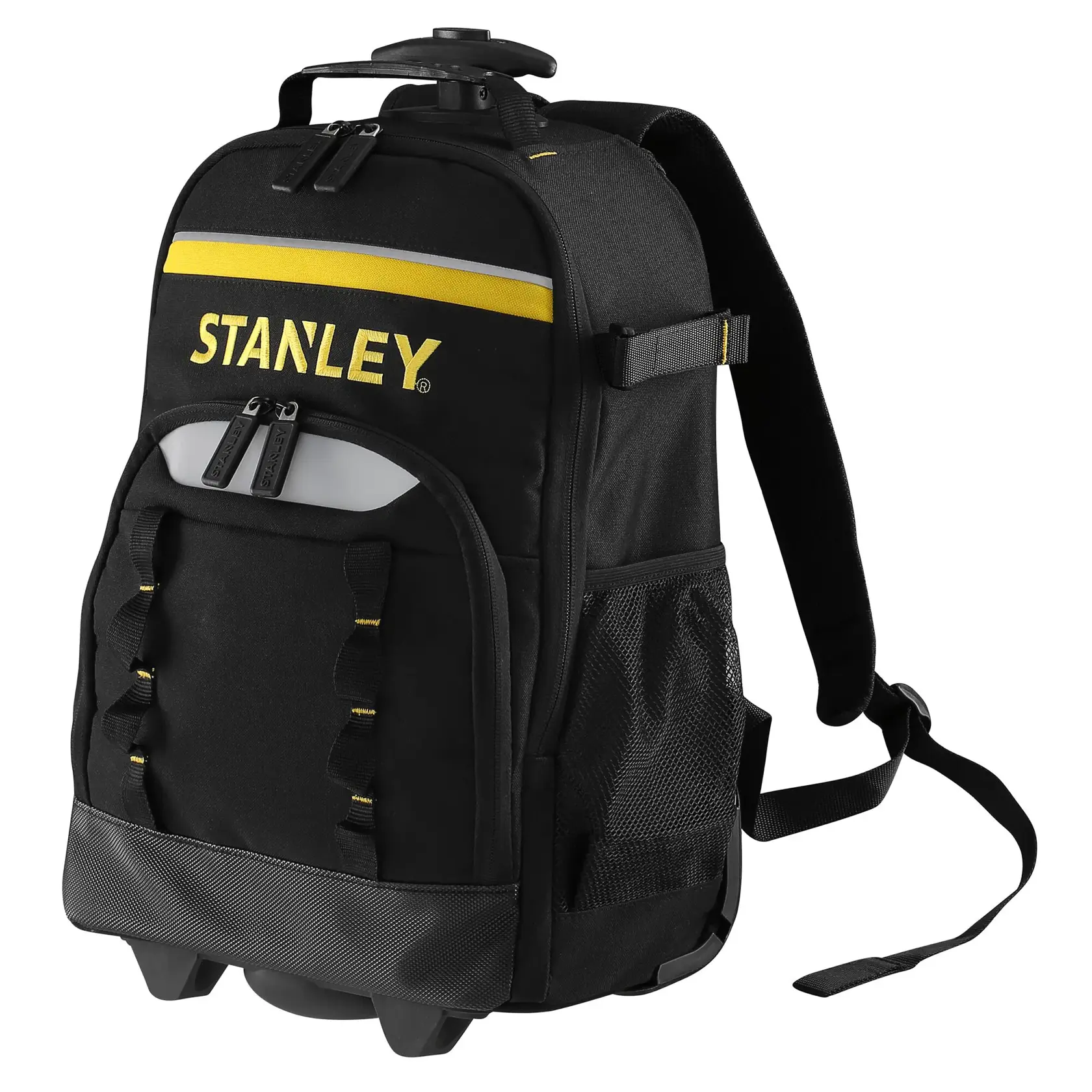 STANLEY STST83307-1 mochila negra con ruedas y detalles amarillos, vista frontal, almacenamiento de herramientas