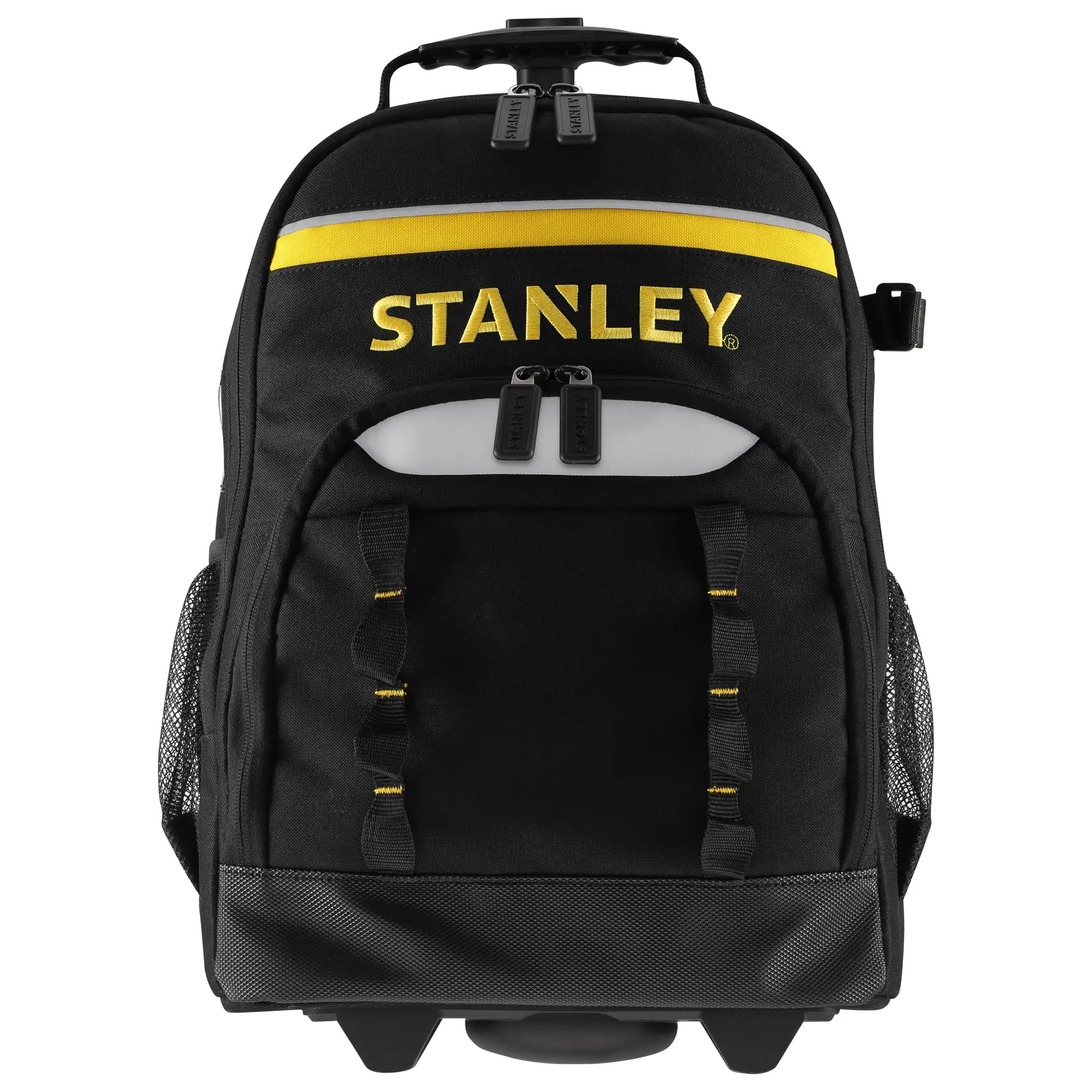 Fotografía de la mochila con ruedas negra STANLEY STST83307-1 con detalles amarillos, ángulo frontal.