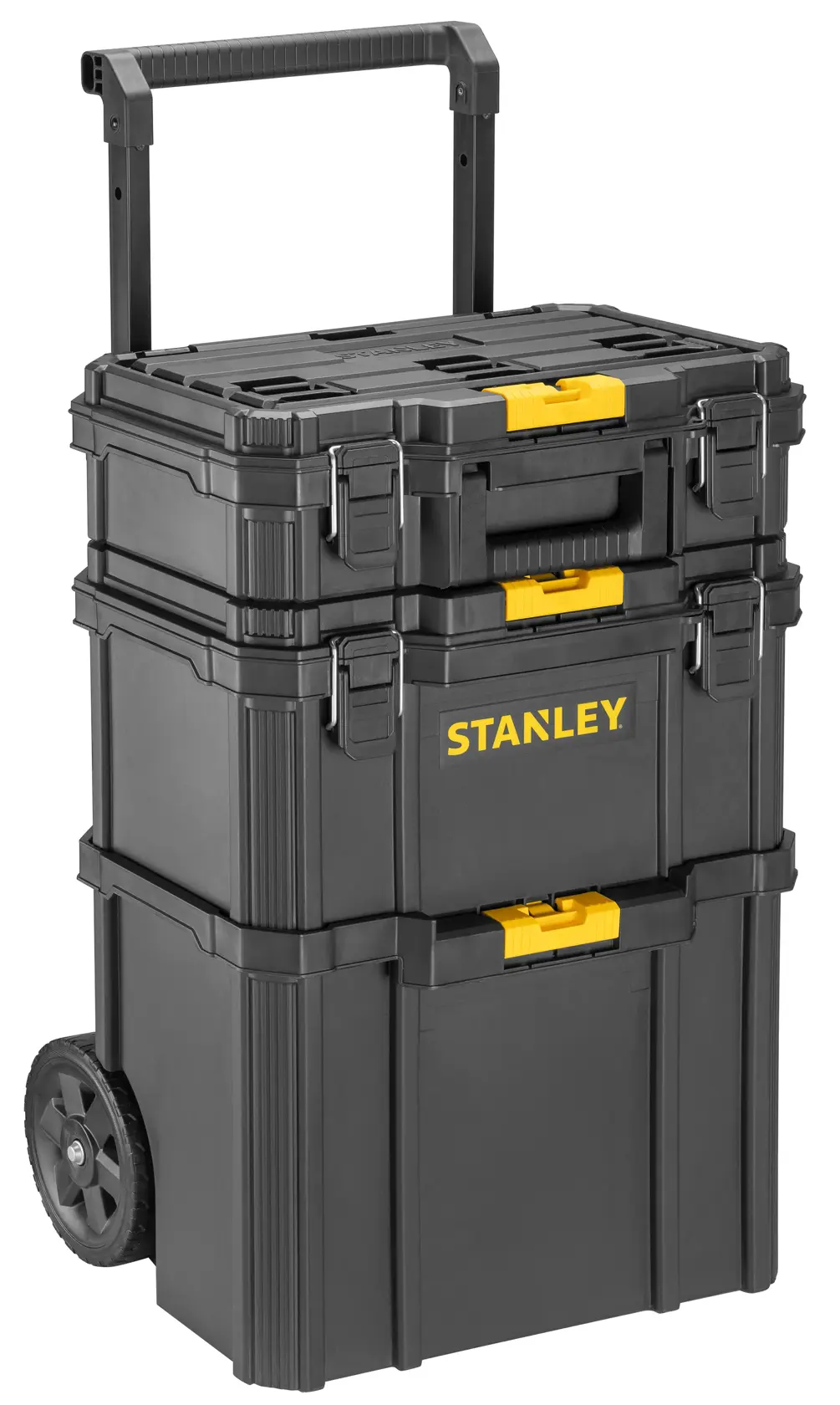 Stanley STST83319-1 baúl de herramientas rodante, negro con cierres amarillos, ángulo frontal, producto fotográfico.