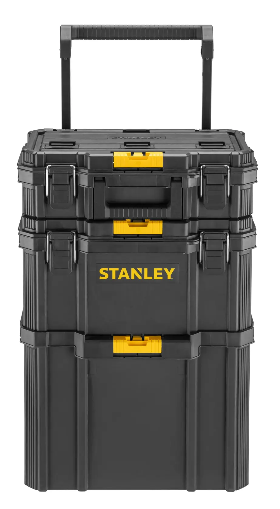 STANLEY STST83319-1 baúl de herramientas negro apilable con ruedas, vista frontal, pestillos amarillos, fotografía.