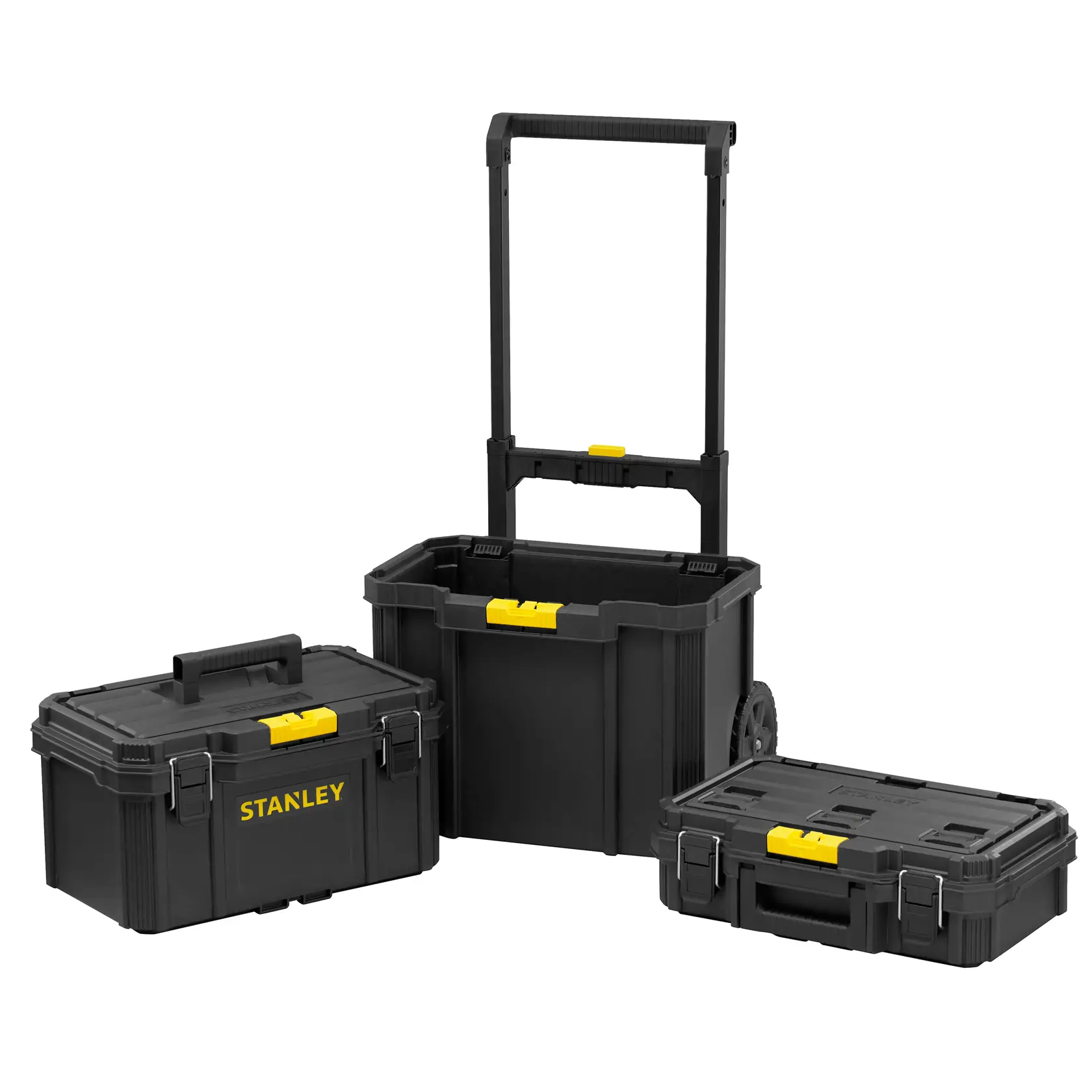 Fotografía de STANLEY STST83319-1 set de cajas de herramientas negras con cierres amarillos, tres cajas apilables.