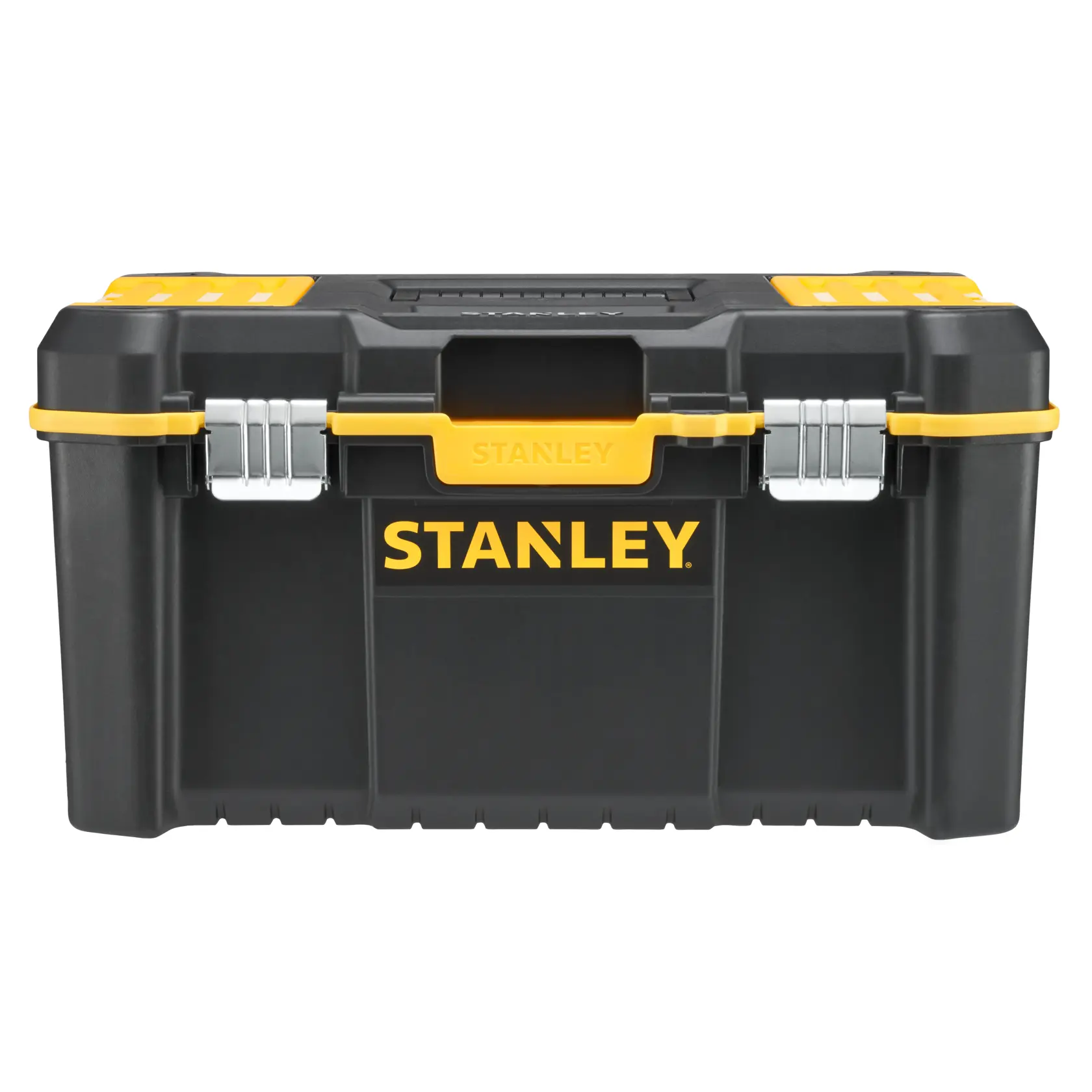 STANLEY STST83397-1 caja de herramientas negra y amarilla con pestillos metálicos, vista frontal sobre fondo blanco.